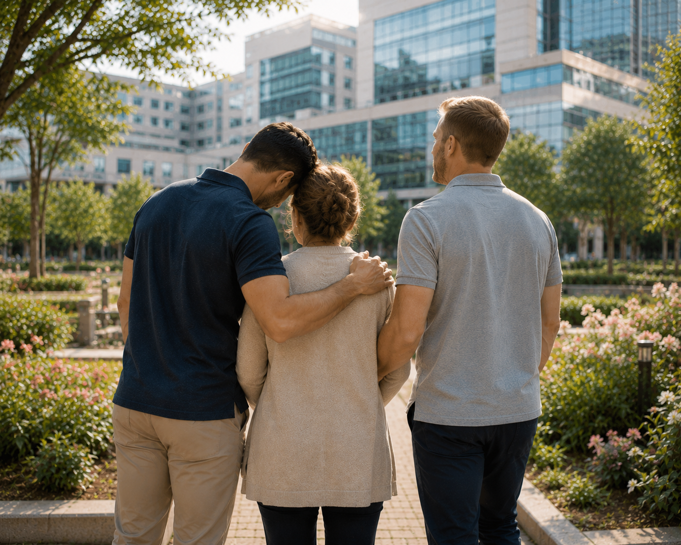 A family pauses in a landscaped medical center garden as two loved ones comfort an older mother, reflecting the relationship-centered support that defines The Toemi Ecosystem™.