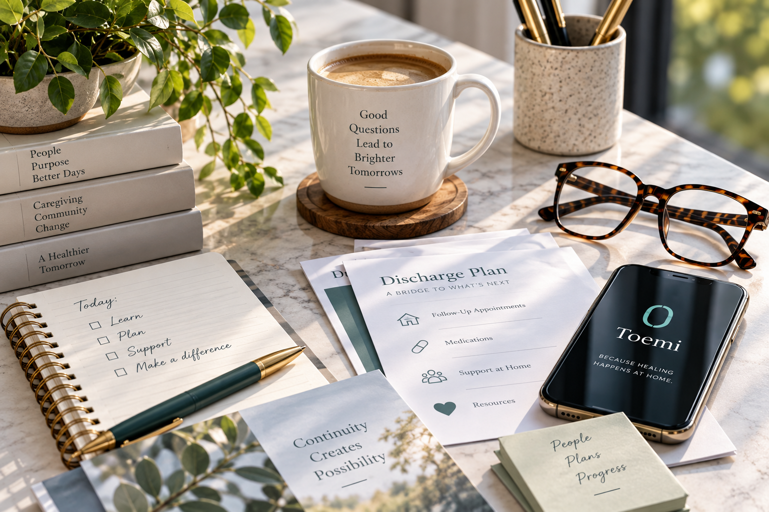 Healthcare planning workspace with discharge information, caregiving resources, notebook, coffee, and materials focused on continuity of care at home.