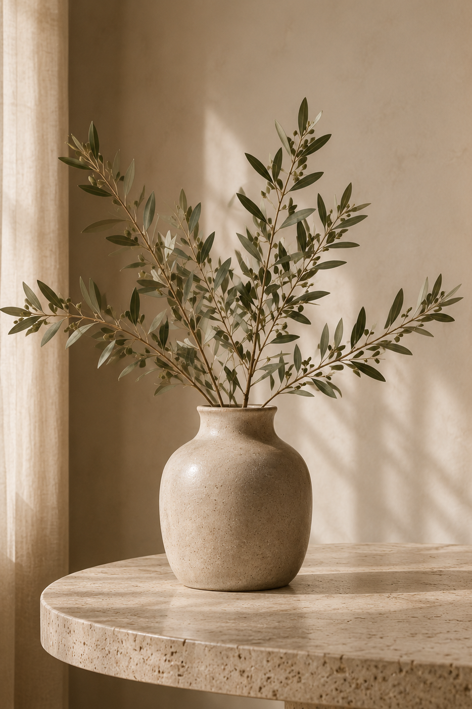 A beige ceramic vase with green leafy branches on a round stone table, with soft sunlight and shadows on a neutral wall. Leadership. Self Leadership. Executive training. Hr Managers. Looking for training. Olive branches.