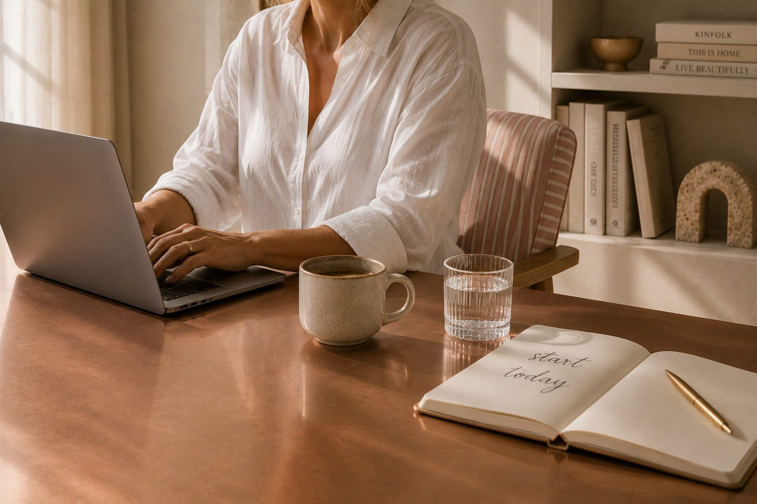 A person working on a laptop at a wooden desk. There is a notebook with 'start today'. Start today on your leadership journey with SPRKL Leadership index.