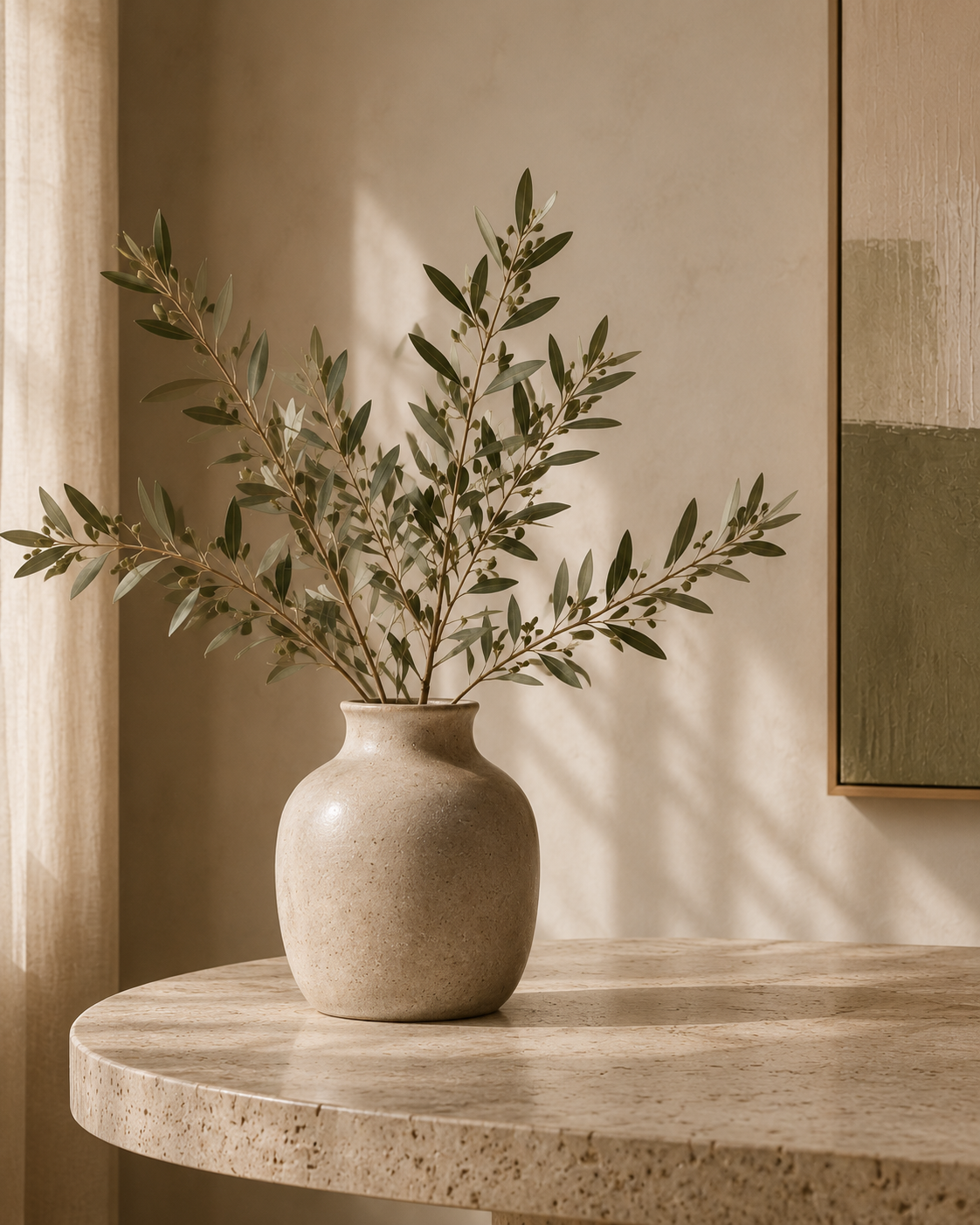 A beige ceramic vase with a matte finish holding green leafy branches on a round marble table, with soft sunlight and shadows on a neutral wall in the background.  Leadership Training. Rachael Karlyl. MBA. Lawyer