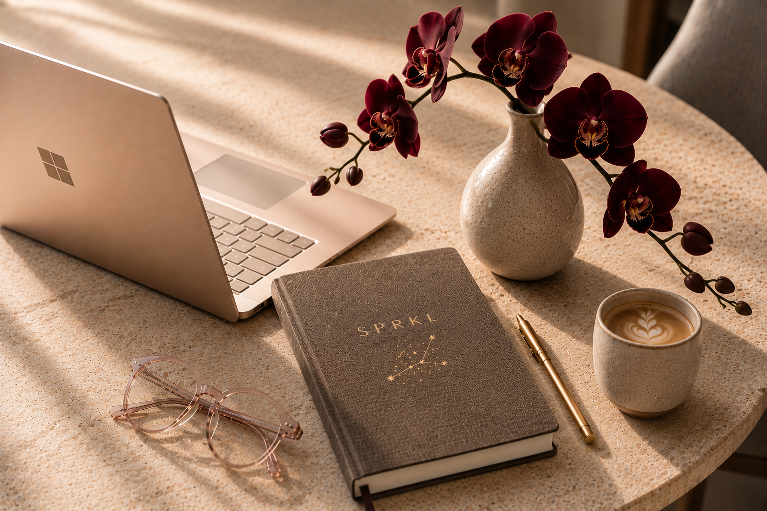 A pair of pink glasses - Am I Successful Yet podcast, a golden pen, a horoscope book titled 'SPRKL', a cup of coffee with latte art, a beige vase with dark red orchids, and a beige textured tabletop. Rachael Karlyl. Leadership. Keynote speaker. Exec