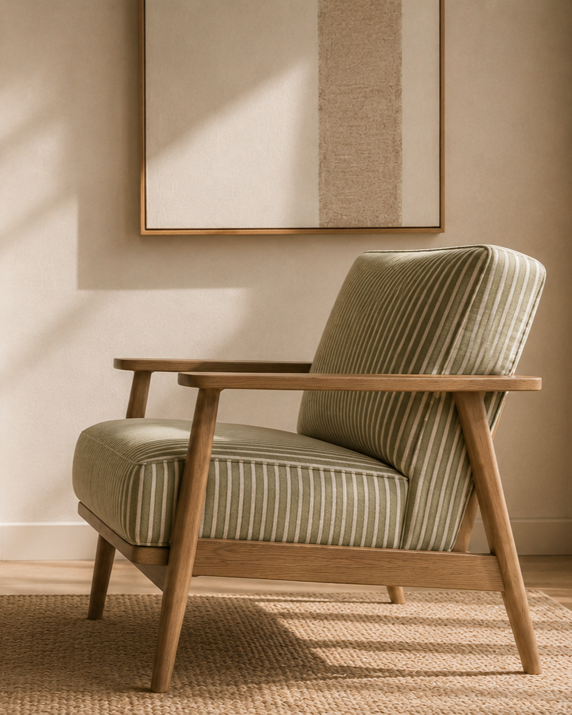 A mid-century modern armchair with green and white striped upholstery, wooden armrests, and legs, placed on a beige woven rug in front of a beige wall with a framed abstract art piece. Where do I go from here. Burnout. EAP program. Burnt out. Work.