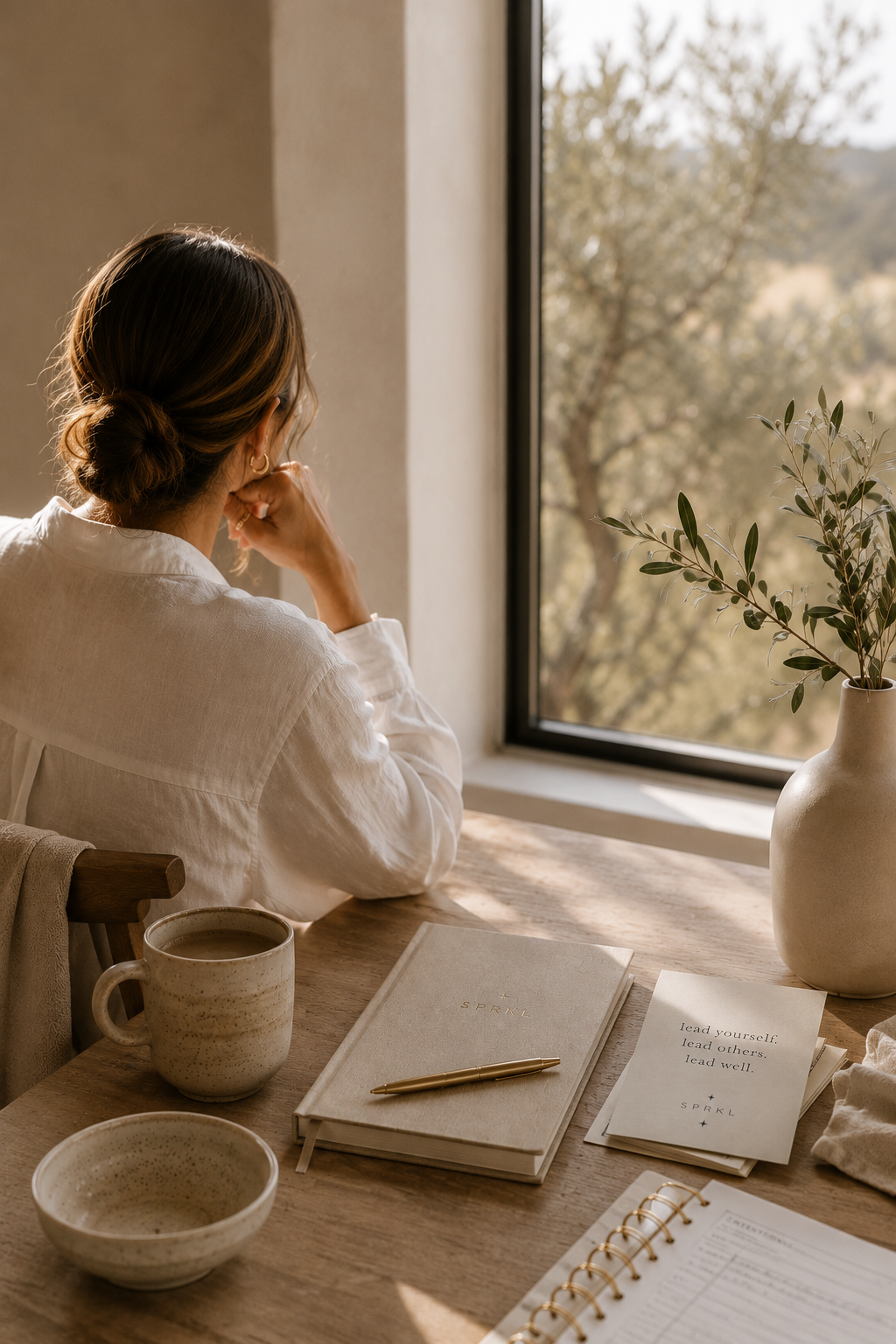 A woman sitting at a wooden desk looking out a window with trees outside, surrounded by a plant, notebooks, a pen, a coffee mug, and a motivational card. Thinking about whats next. Is this it. Am I Successful Yet? I am burnt out how do I get out?