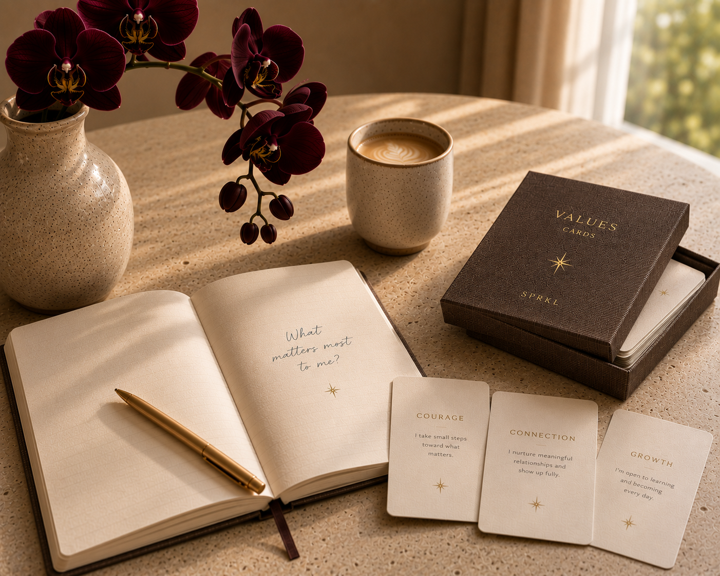 Hero imagery. Values cards. Notebook with values. Identifying purpose. What is purpose. Burnout. What happens now. I don't know what to do. Rachael Karlyl. Leadership. Key note speaker.