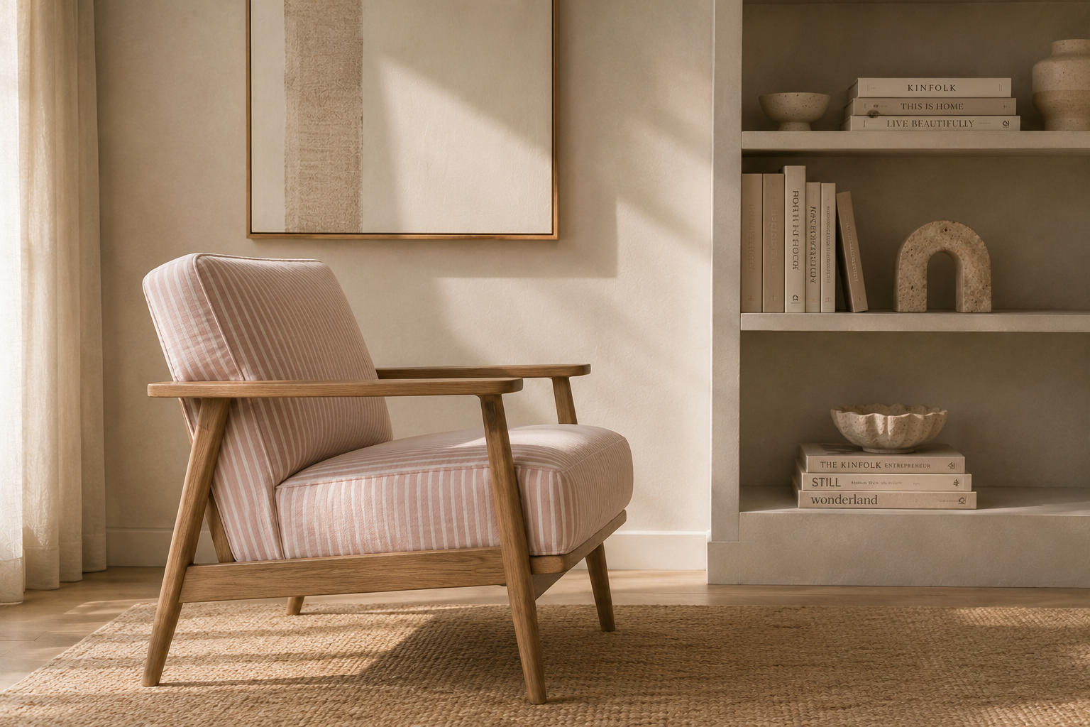 A cozy living room corner with a pink and white striped armchair, a beige area rug, a built-in bookshelf with books and decorative objects, and a framed abstract art piece on the wall. Calm, inviting, welcoming. Leadership journey. Working on myself.