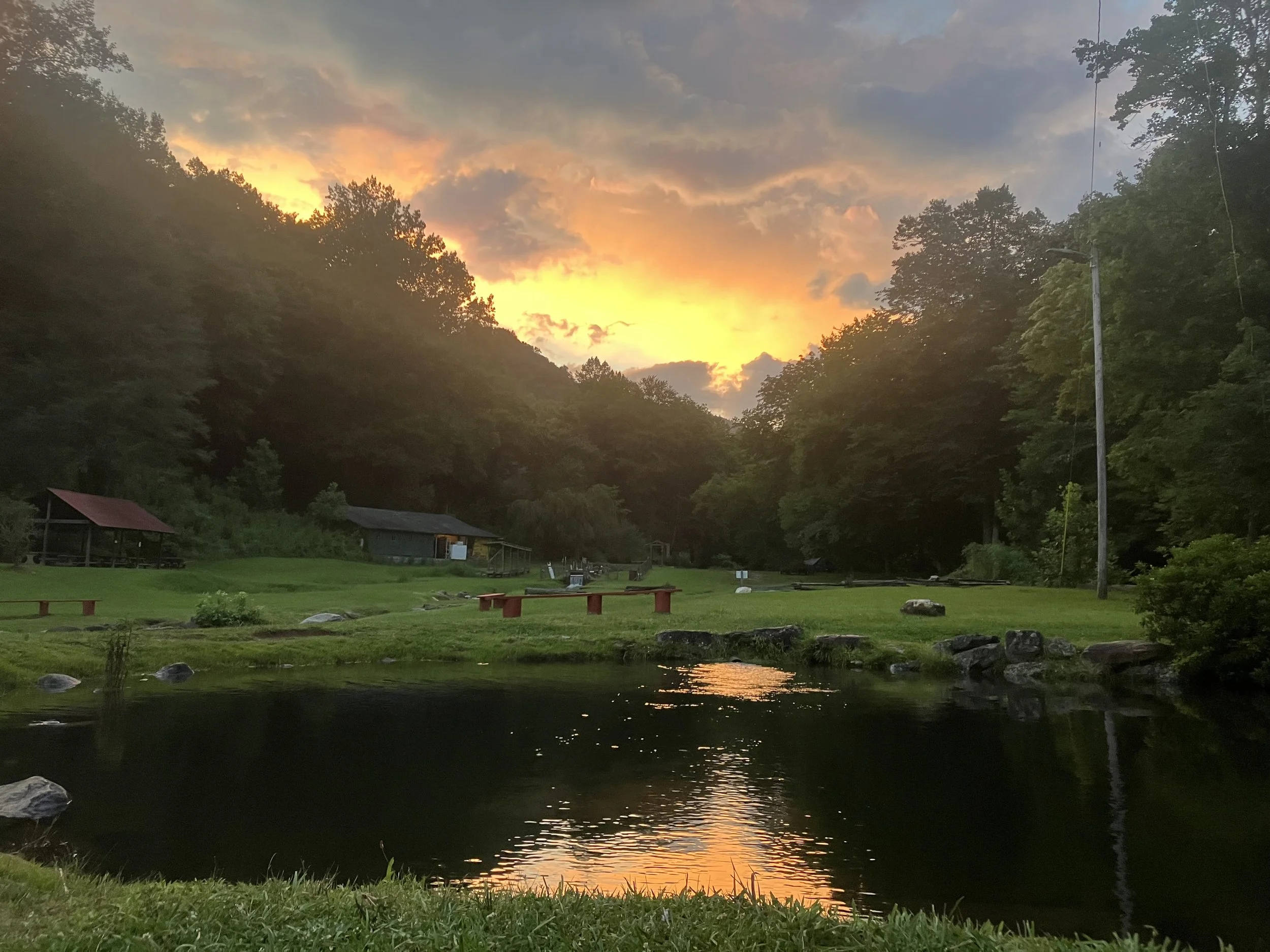 Sunset over one of the catch-out trout ponds at Andy's Trout Farm in Western North Carolina.
