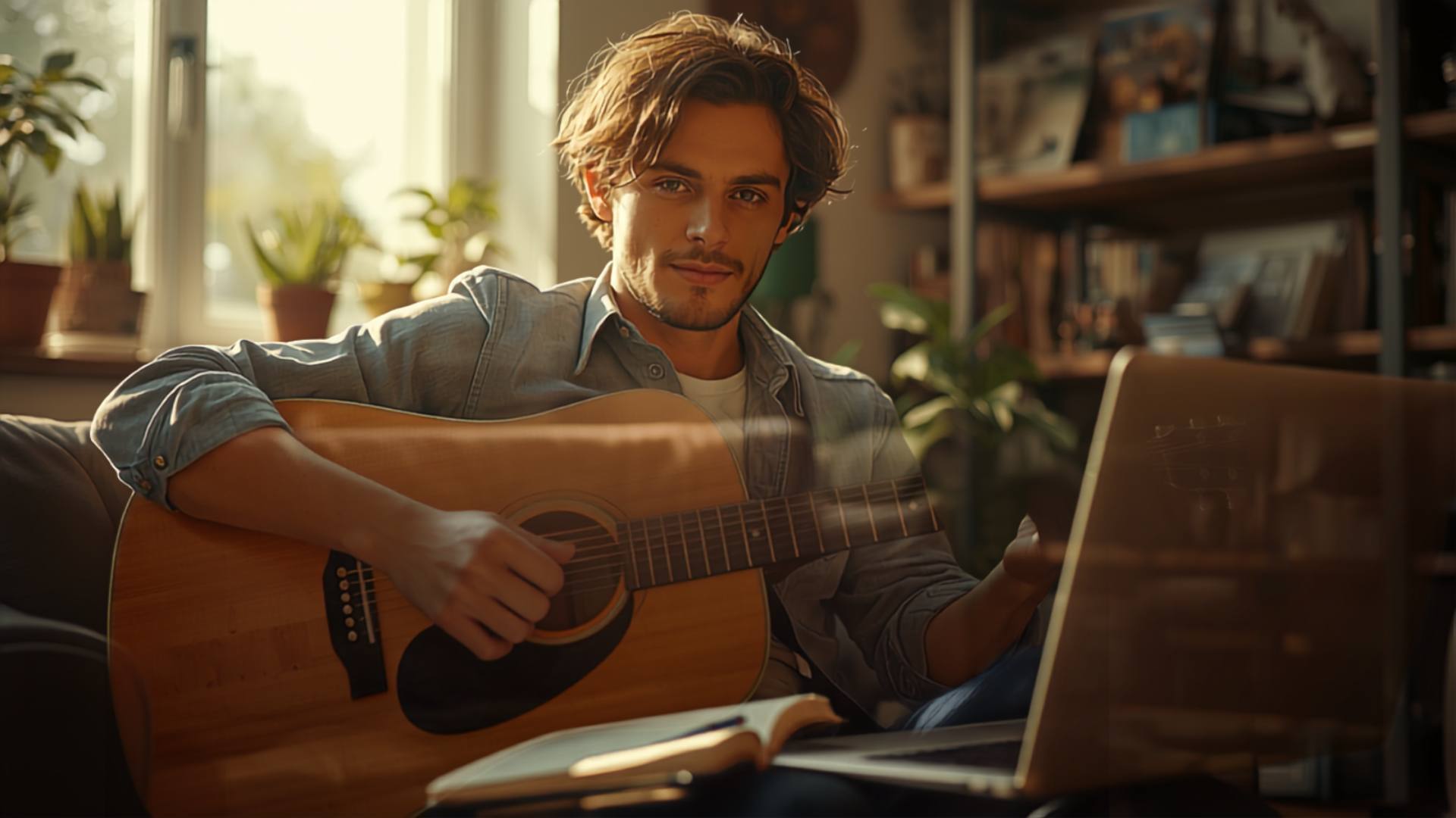 Young man playing acoustic guitar and looking at a laptop in a cozy room with sunlight, bookshelves, and potted plants.