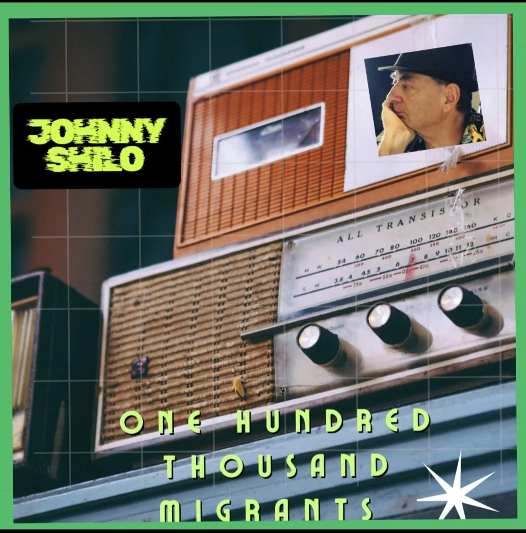 Vintage radio with a small photo of a man wearing a hat and resting his chin on his hand in the top right corner. Text on the image in neon green on black on the top left, and "ONE HUNDRED THOUSAND MIGRANTS" at the bottom in green letters.
