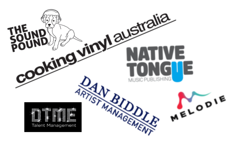 Collection of logos for organizations and companies including The Sound Pound, cooking vinyl Australia, Native Tongue, Melodie, Dan Biddle Artist Management, and DIME Talent Management, arranged in a scattered manner.