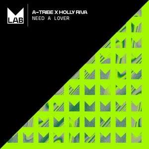 Album cover with black and lime green geometric pattern and text reading 'A-TRIBE X HOLLY RIVA NEED A LOVER'.