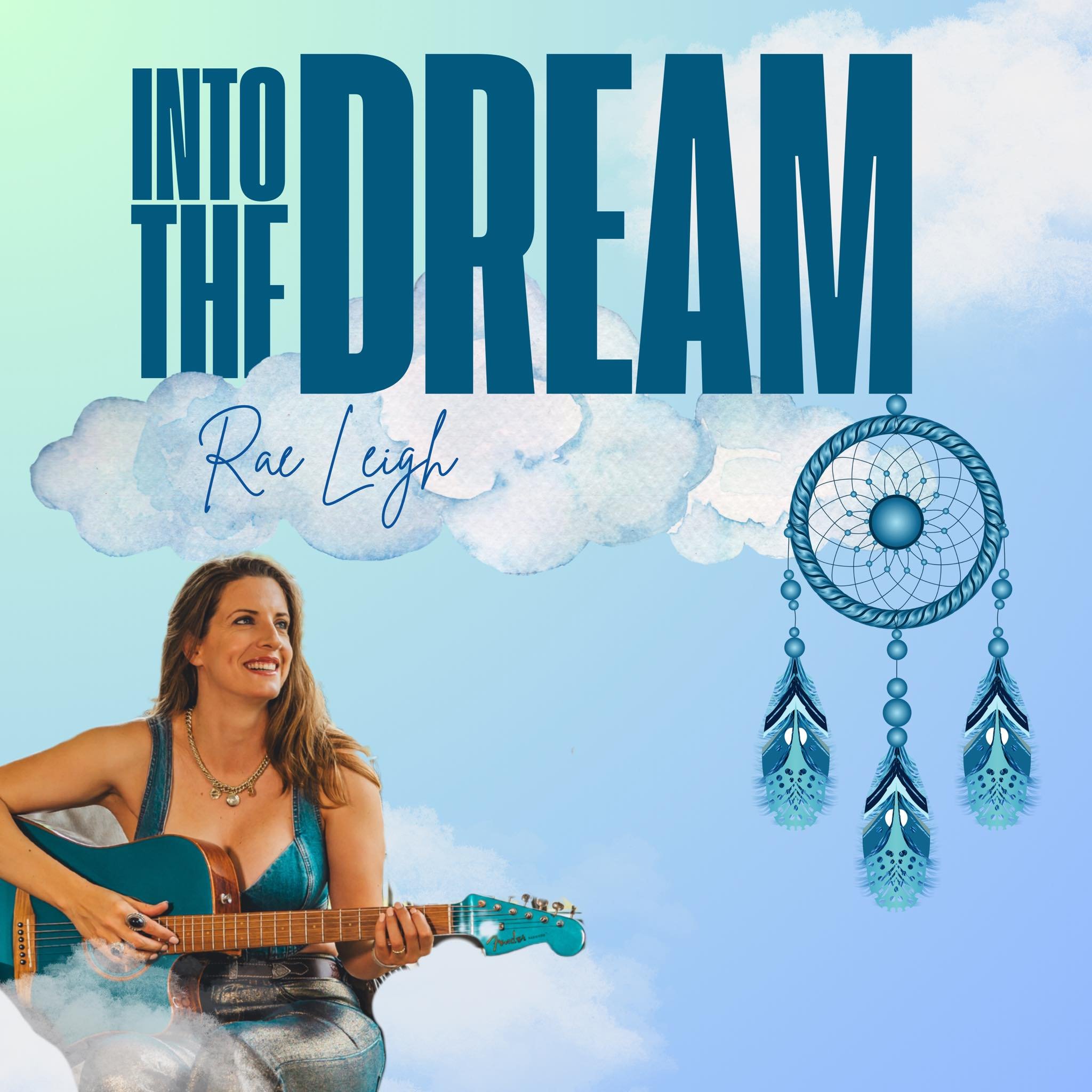 Woman playing guitar in front of a blue sky with clouds and dreamcatcher graphic