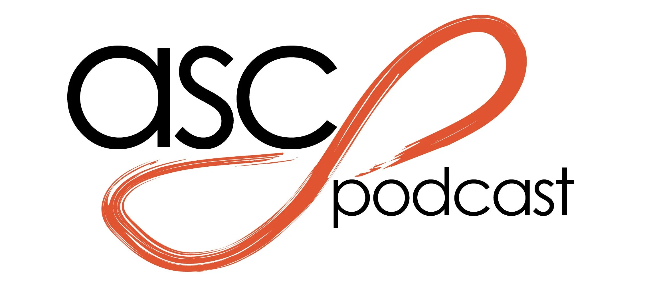 Logo for the ASC Podcast featuring the letters 'asc' in black, with an orange swoosh beneath and the word 'podcast' in black.