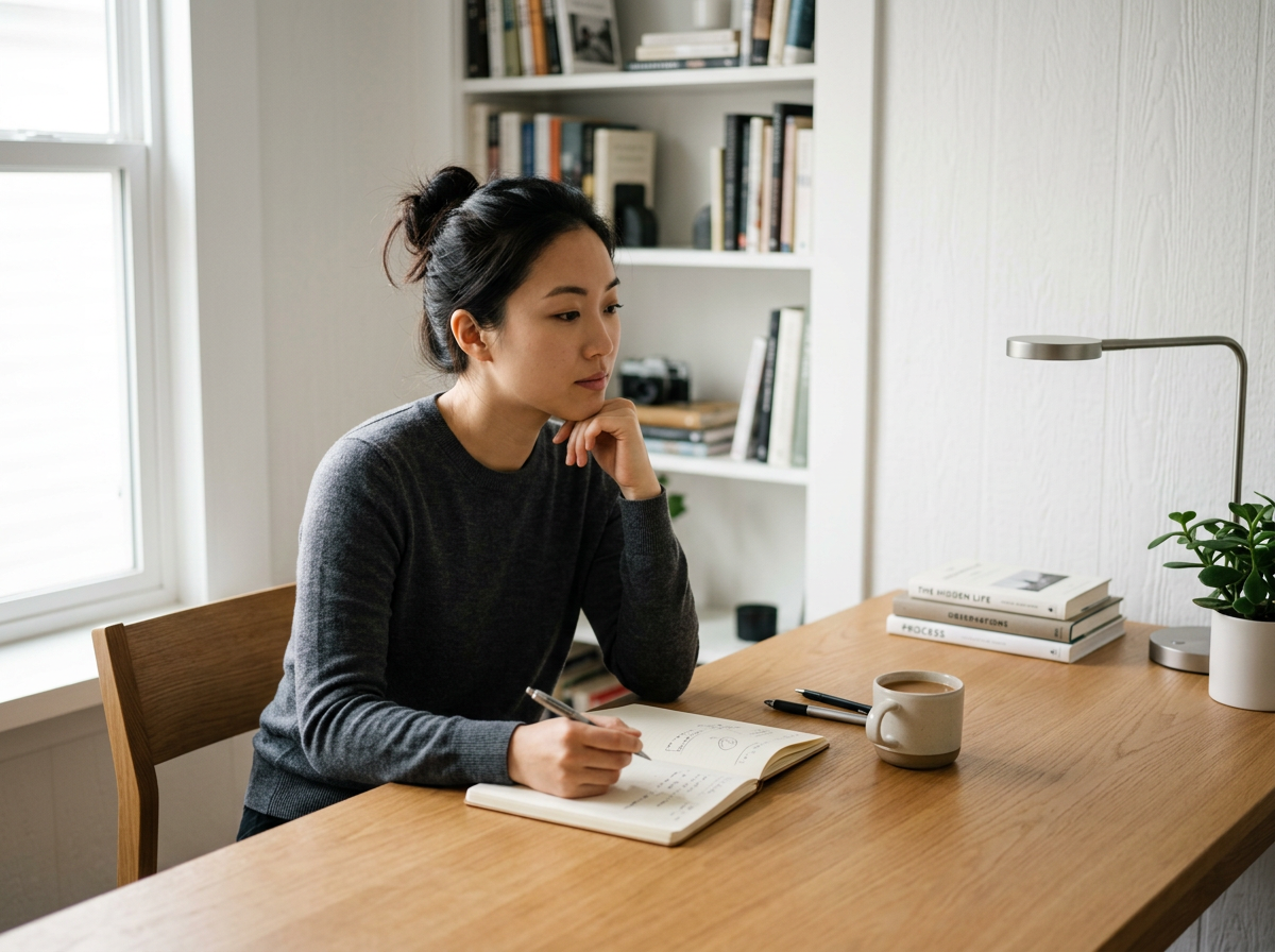 A woman with dark hair tied back, wearing a dark sweater, sits at a wooden desk in a bright, minimalist room. She is writing in a notebook with a pen, with a cup of coffee nearby. Behind her is a bookshelf filled with books and decorative items, and a window letting in natural light.