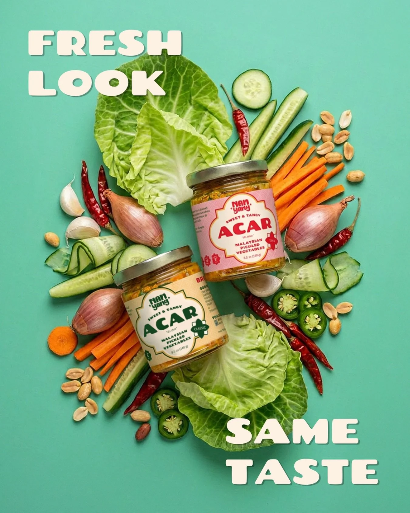 Here it is. Meet the new look of Nan Yang Acar.

New branding.
New packaging.
Same taste you know and love.

We&rsquo;ve also renamed our Mild Acar to Classic. The recipe hasn&rsquo;t changed, just the name.

Every detail from the colors to the illus