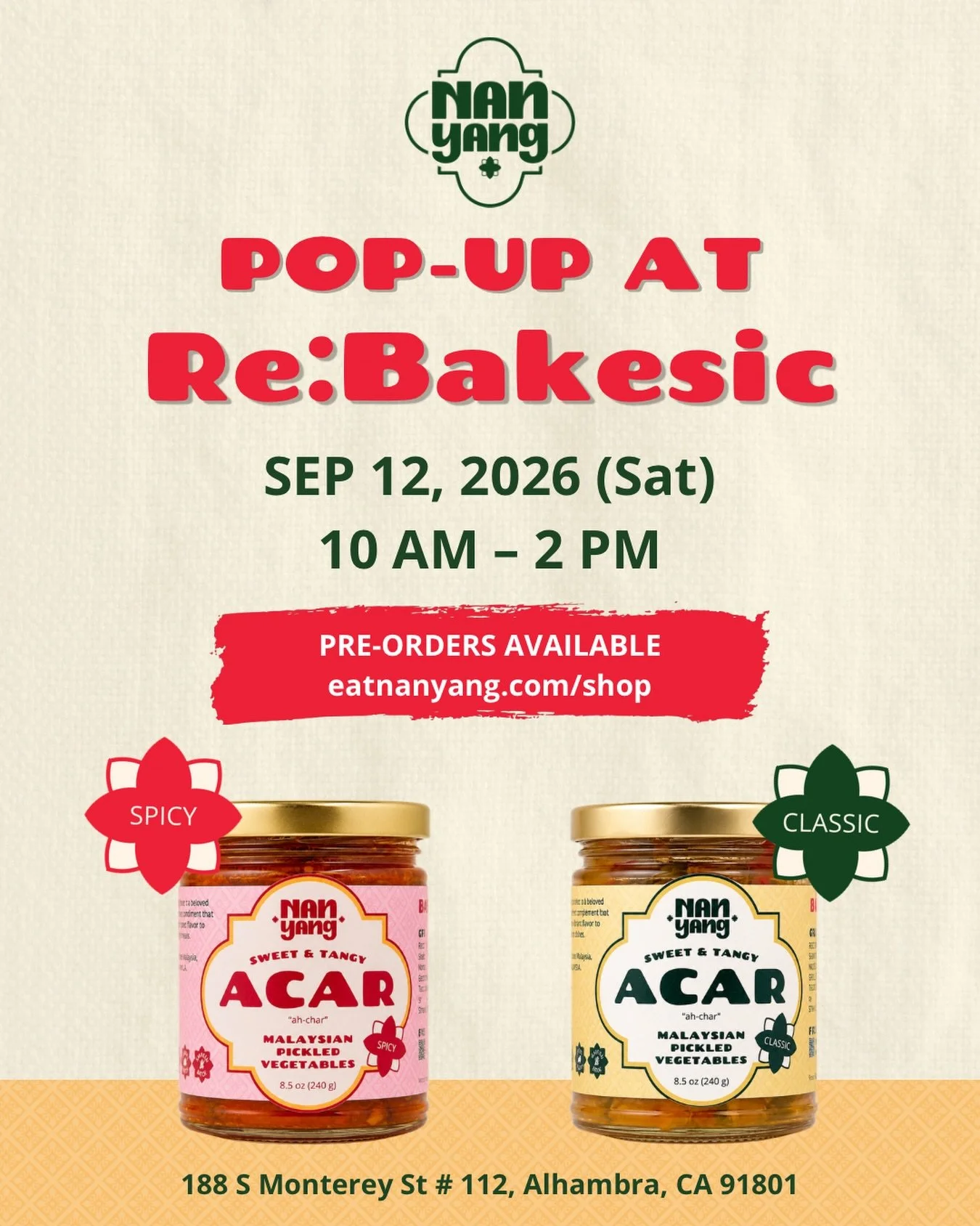 SGV, we&rsquo;re back! 🥒🌶️

We&rsquo;re popping up at @rebakesic in Alhambra this Saturday with plenty of Classic + Spicy Acar.

Come by, say hi, grab a sample, and stock up!

📍 Re:Bakesic, Alhambra
📅 Saturday, Sep 12
⏰ 10 AM&ndash;2 PM

Pre-orde