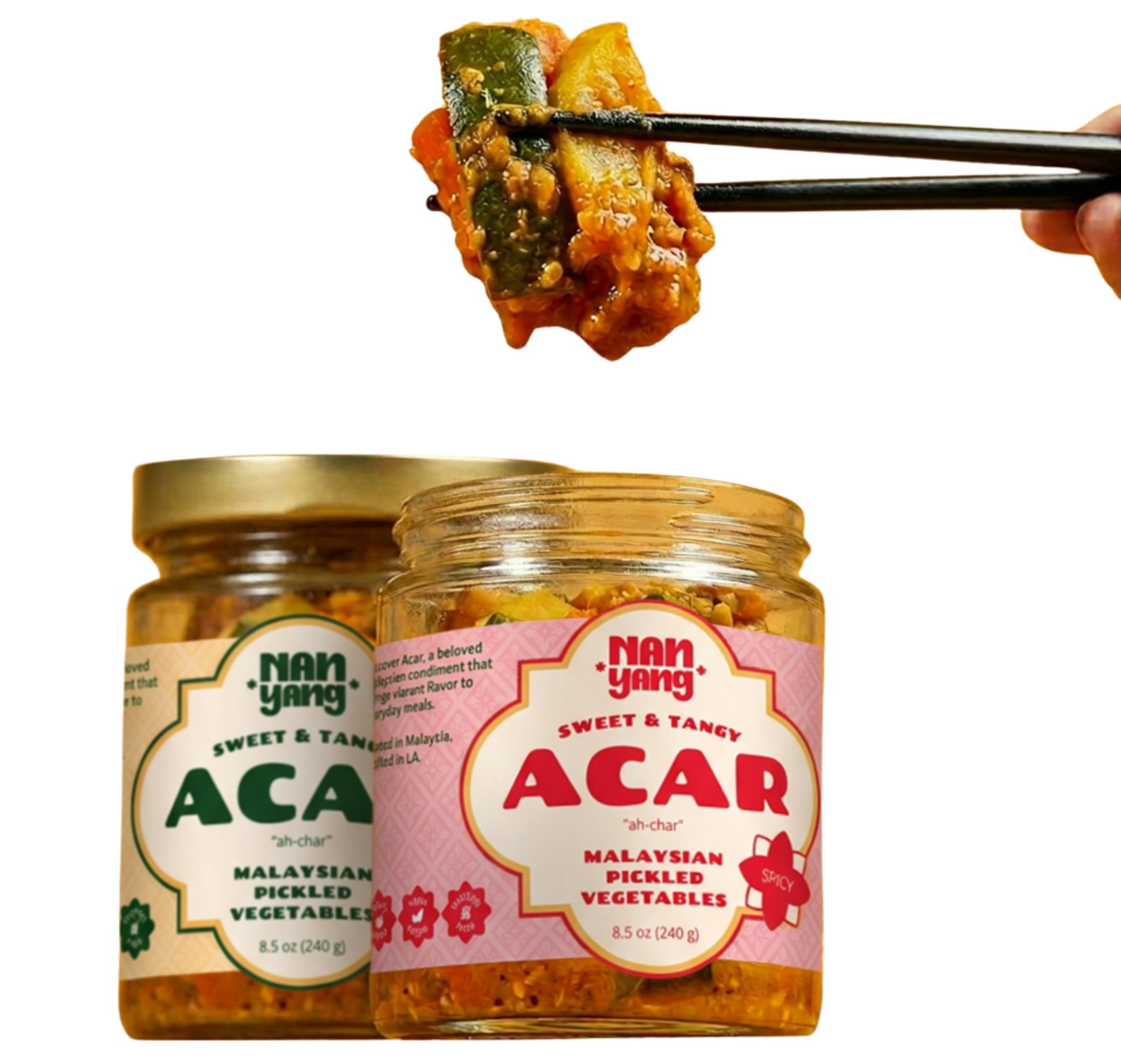 Two jars of Nan Yang Malaysian Acar, Classic and Spicy, with a spoonful of pickled vegetables held by chopsticks.