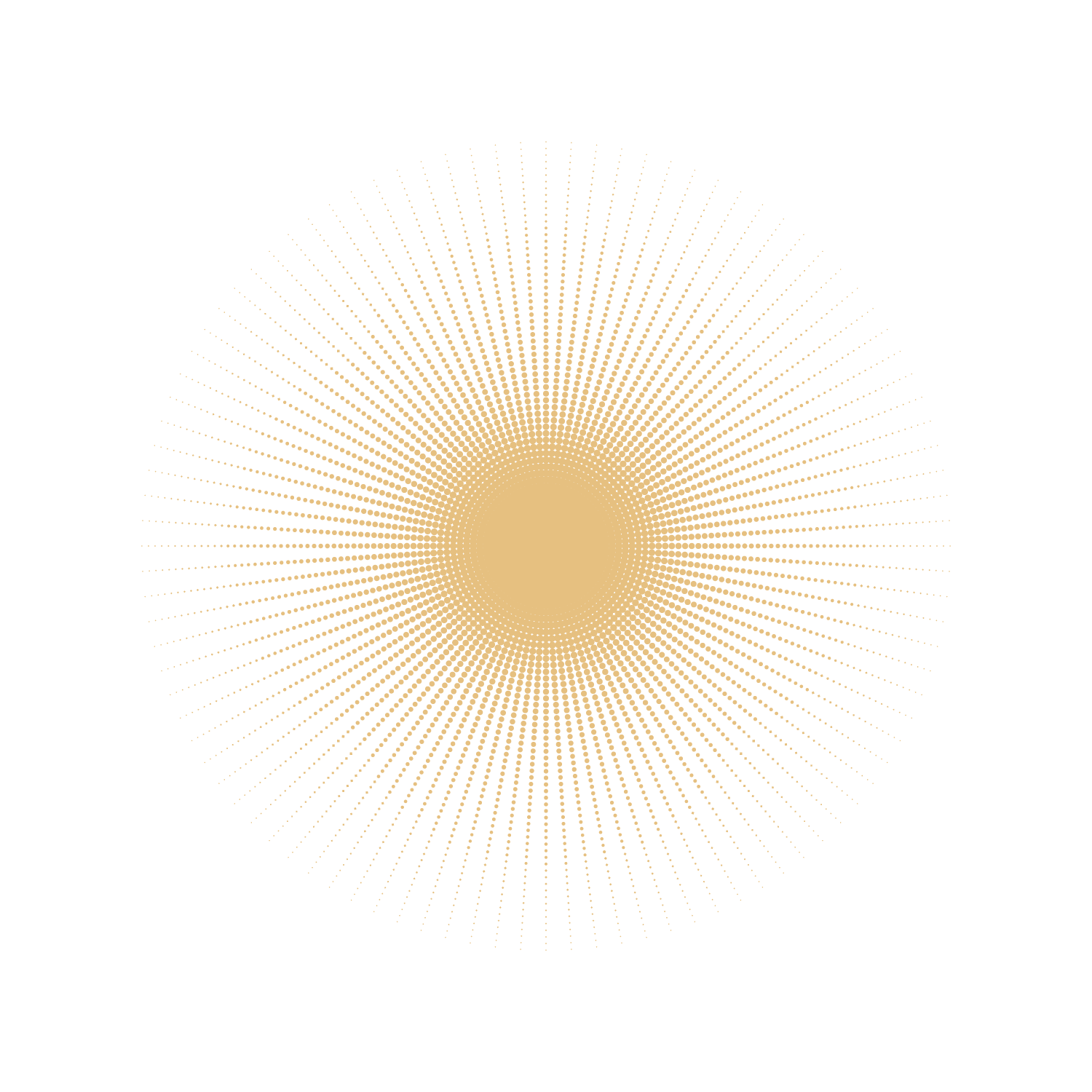 A circular pattern of gold dotted lines radiating from a central point on a black background, creating a starburst or sunburst effect.