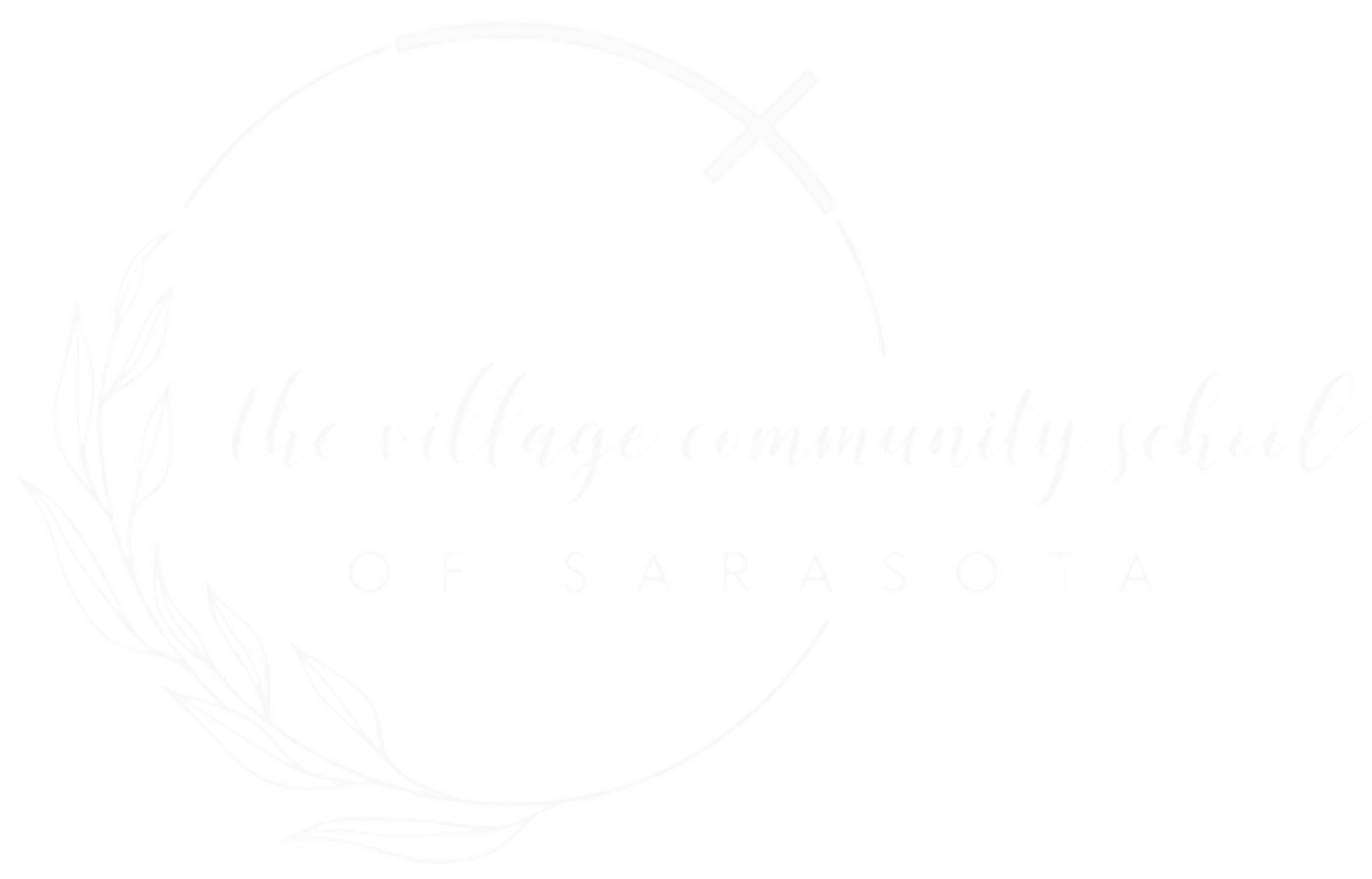 Logo for The Village Community School of Sarasota homeschool co-op in Florida featuring a circular outline with eucalyptus leaf and vine illustrations, cursive and sans-serif fonts.