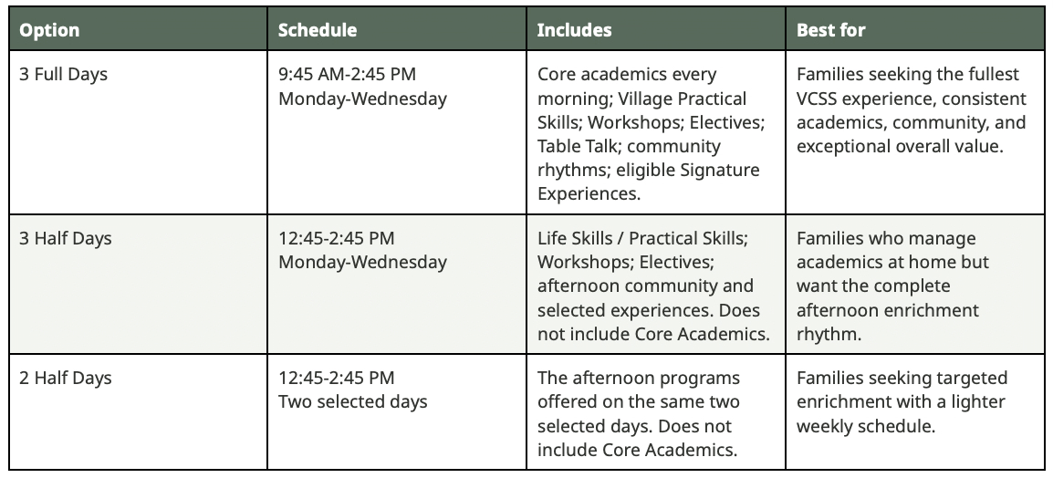 A schedule table with options for 3 Full Days, 3 Half Days, and 2 Half Days, including times, contents, and target audiences.