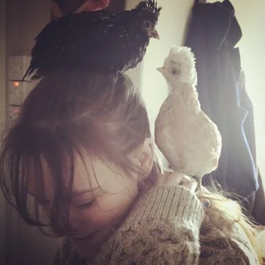 A woman with a chicken on her head and a duck on her shoulder indoors.