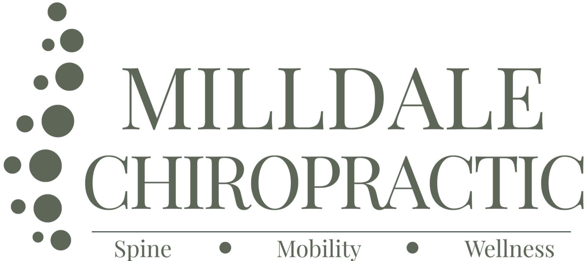 Logo for MILLDALE Chiropractic featuring bubbles and text highlighting spine, mobility, and wellness.