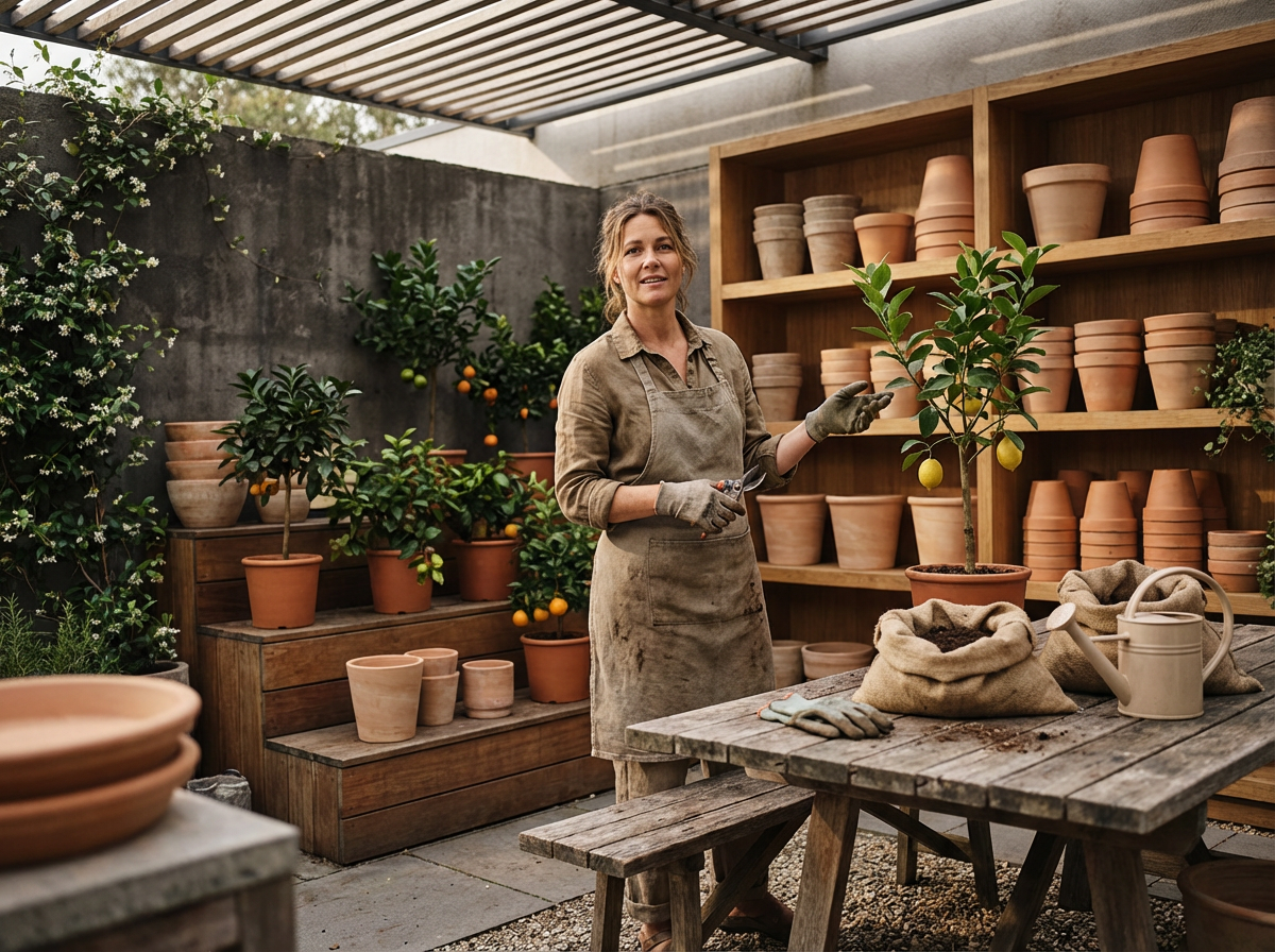 A woman in gardening apron and gloves standing in a pottery gardening shop, surrounded by terracotta pots and green fruit trees. She is holding gardening shears and appears to be in the process of planting or potting.