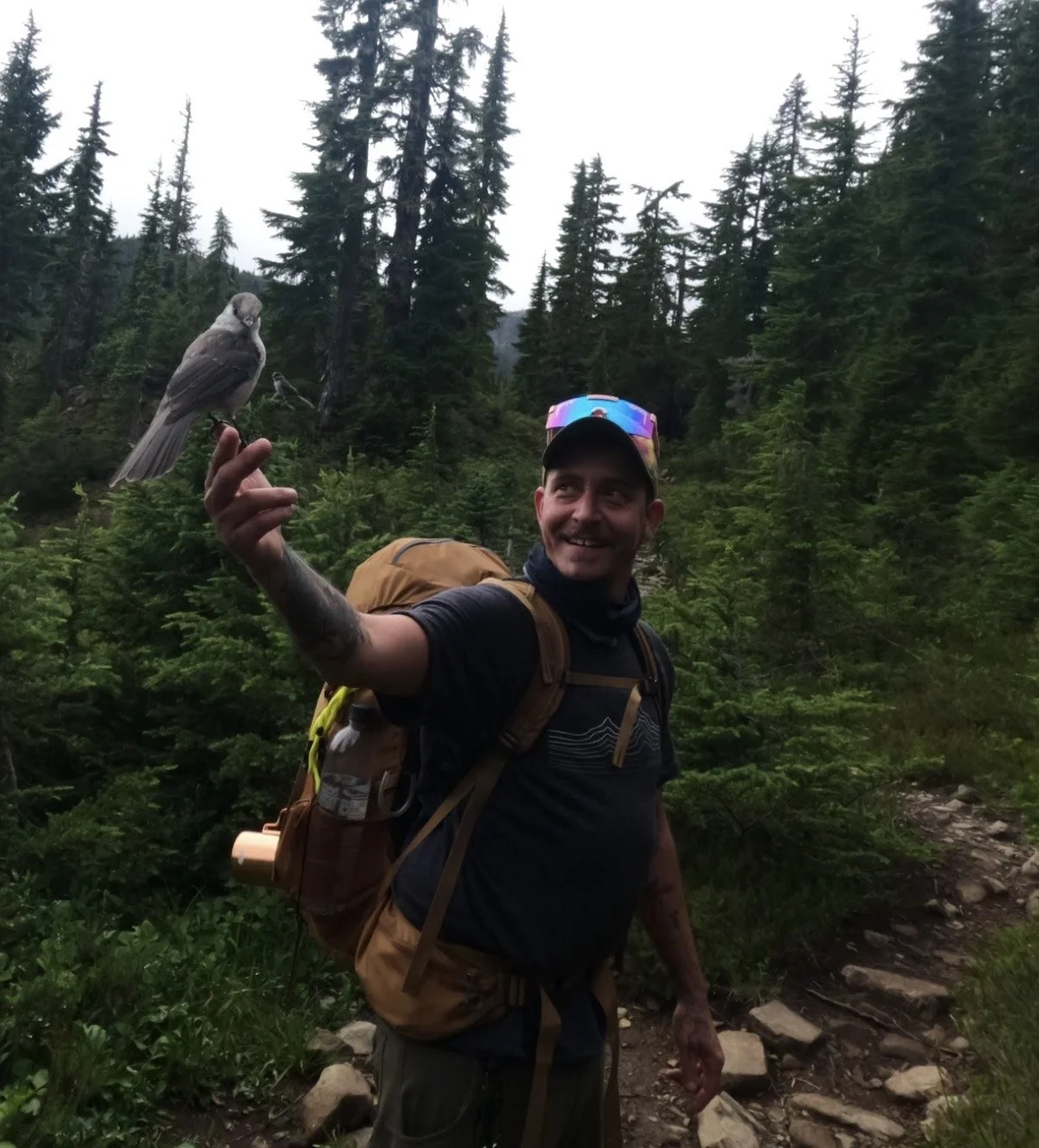 A man smiling and holding a bird on his finger in a forested area with mountains and tall evergreen trees.