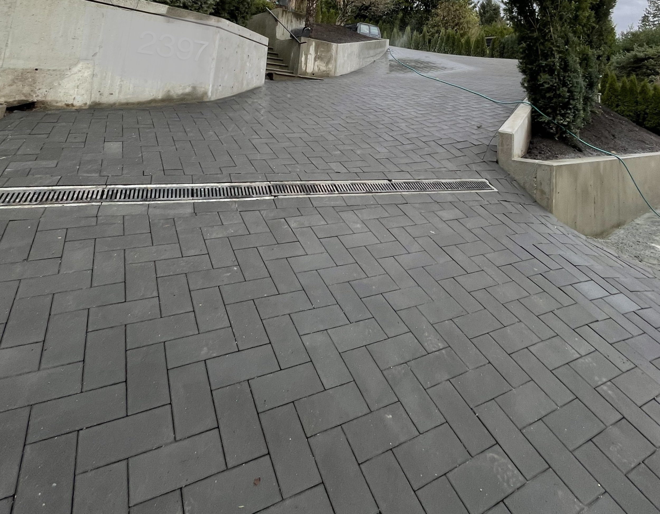 A newly paved concrete and brick walkway with a metal drainage grate. There are concrete planters with shrubs on both sides and a garden hose running across the walkway. In the background, there are trees and a vehicle parked on a driveway.
