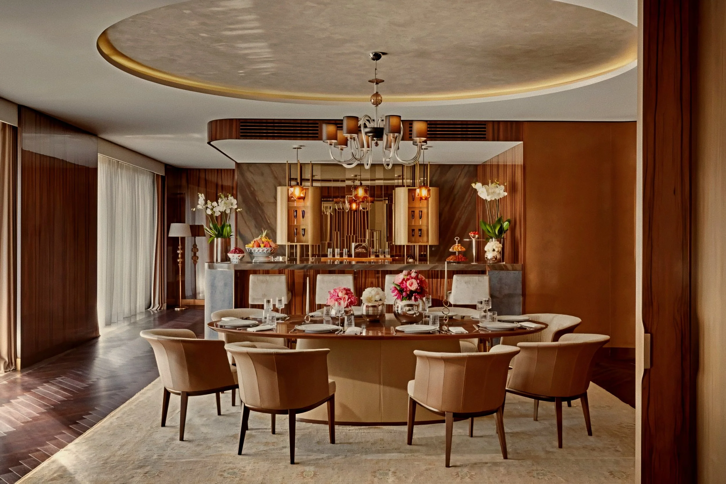 Walnut paneled private dining salon and glass chandelier at Mandarin Oriental Bosphorus, Istanbul.