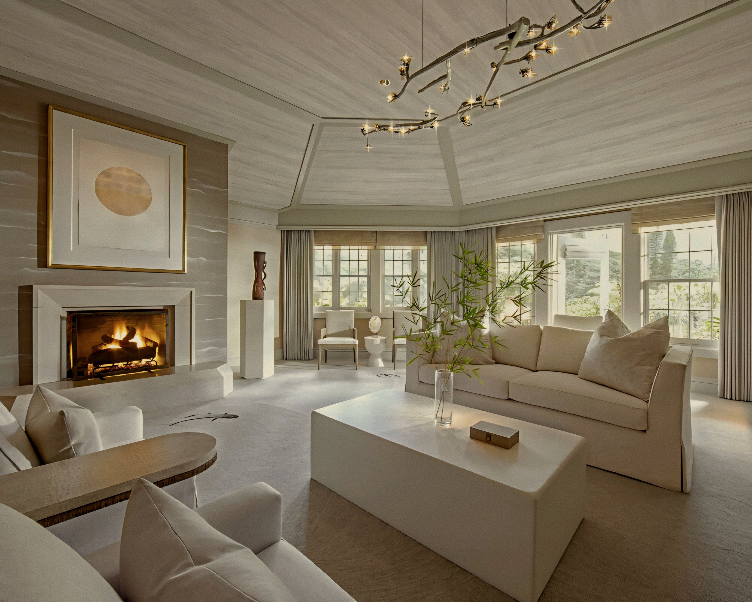 Branch chandelier and modern marble hearth salon Sensei Lanai, A Four Seasons Resort, is a luxury wellness and spa retreat in Kōʻele, Hawaii.