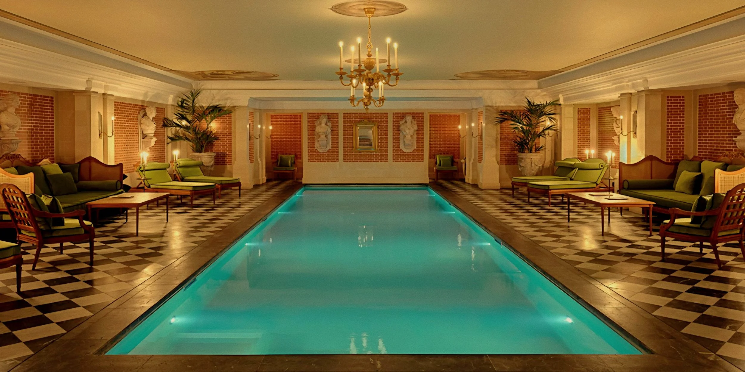 Subterranean indoor pool and checkerboard tile spa Airelles Château de Versailles, Le Grand Contrôle, France.