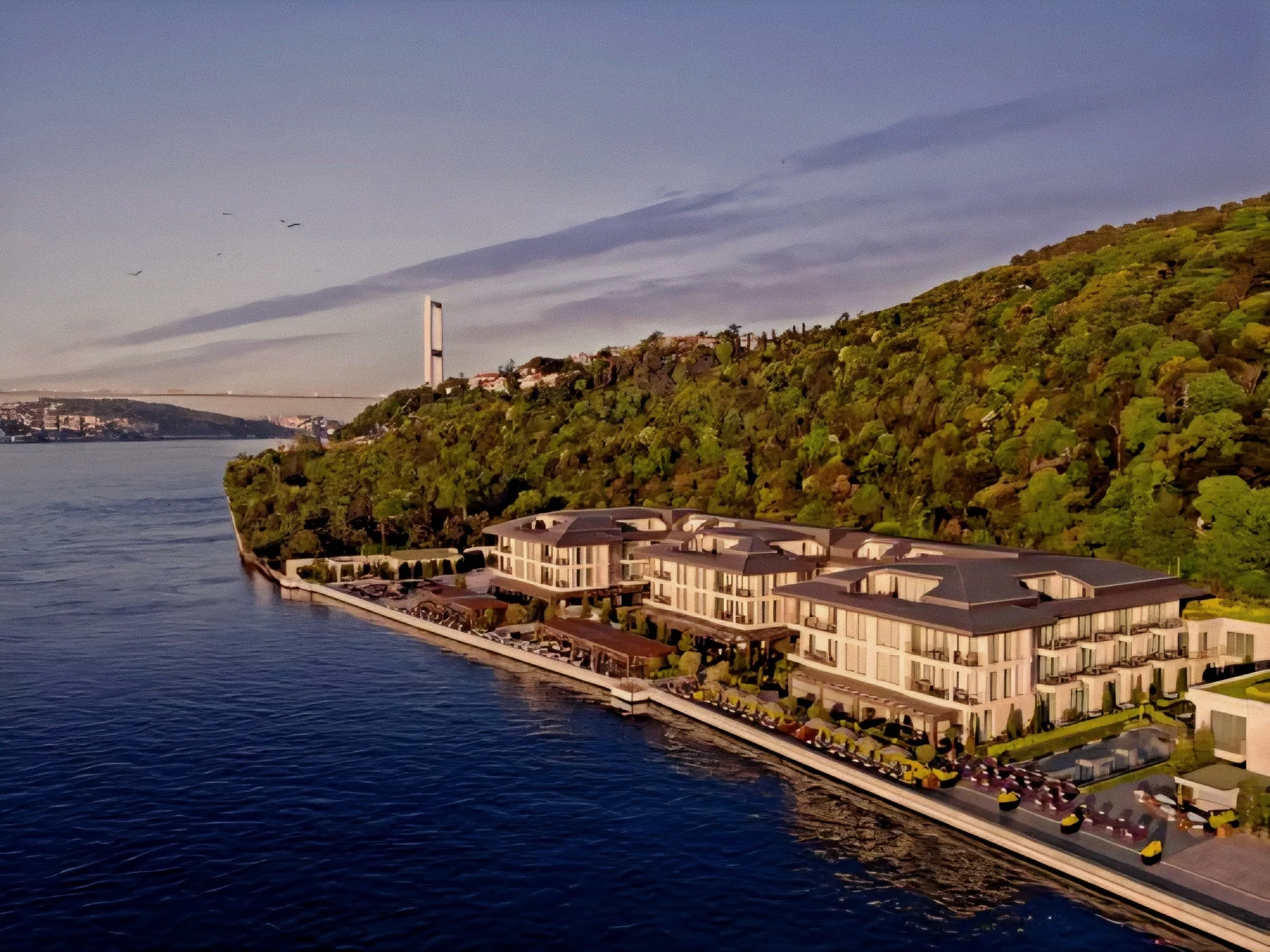 Aerial exterior view of luxury hotel architecture at Mandarin Oriental Bosphorus, Istanbul.