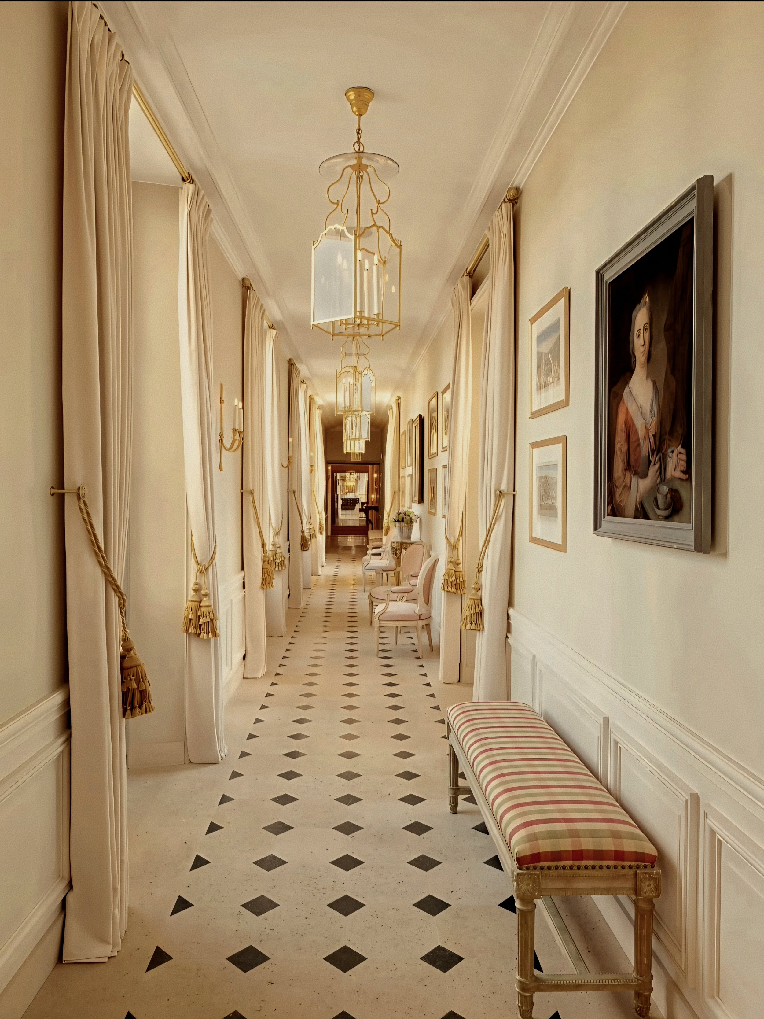 Cabochon stone gallery and silk-draped corridor Airelles Château de Versailles, Le Grand Contrôle, France.