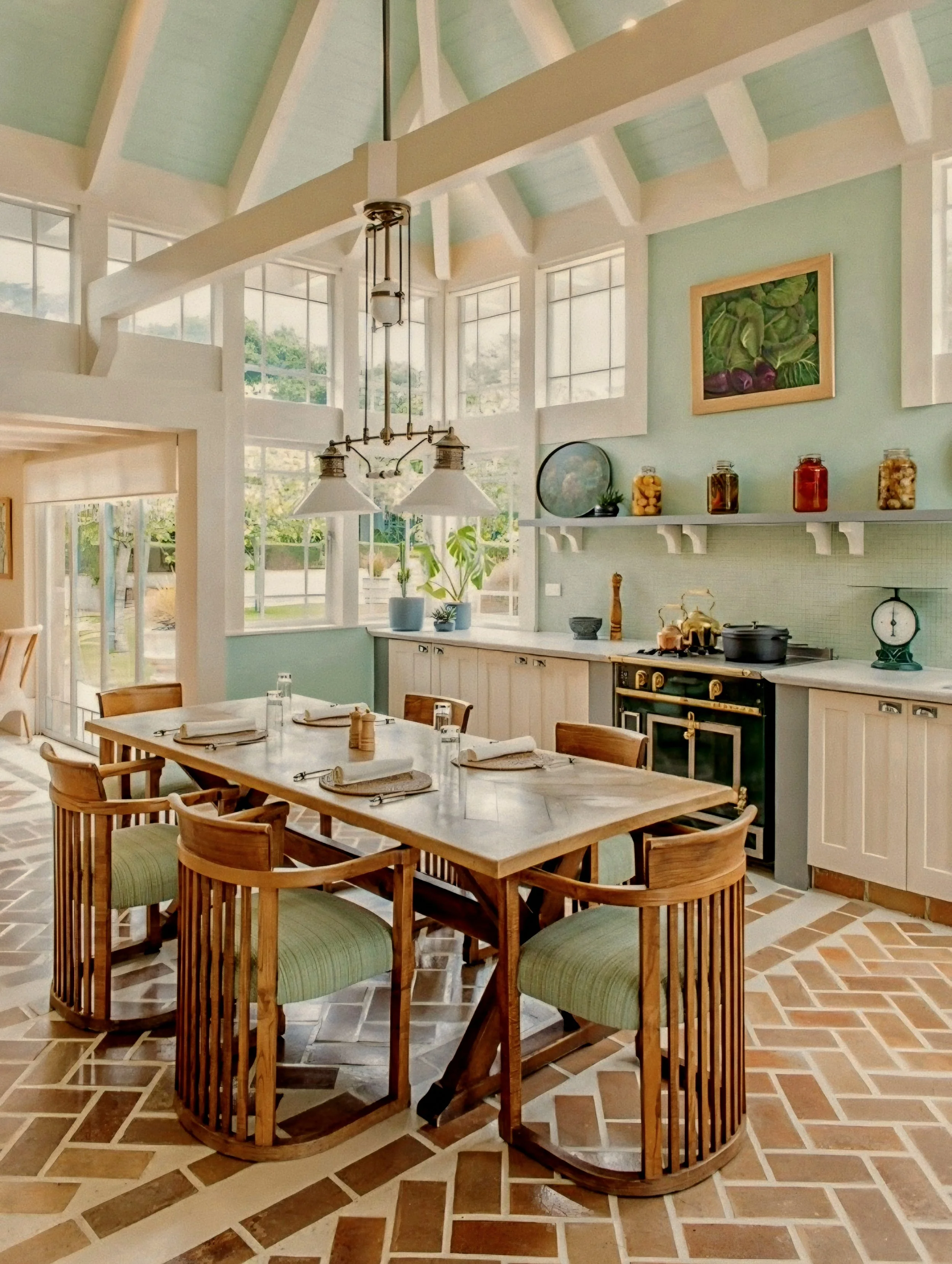 Country kitchen and dining hall with herringbone brick floor by Damian Hannah at Wharekauhau Estate, New Zealand.