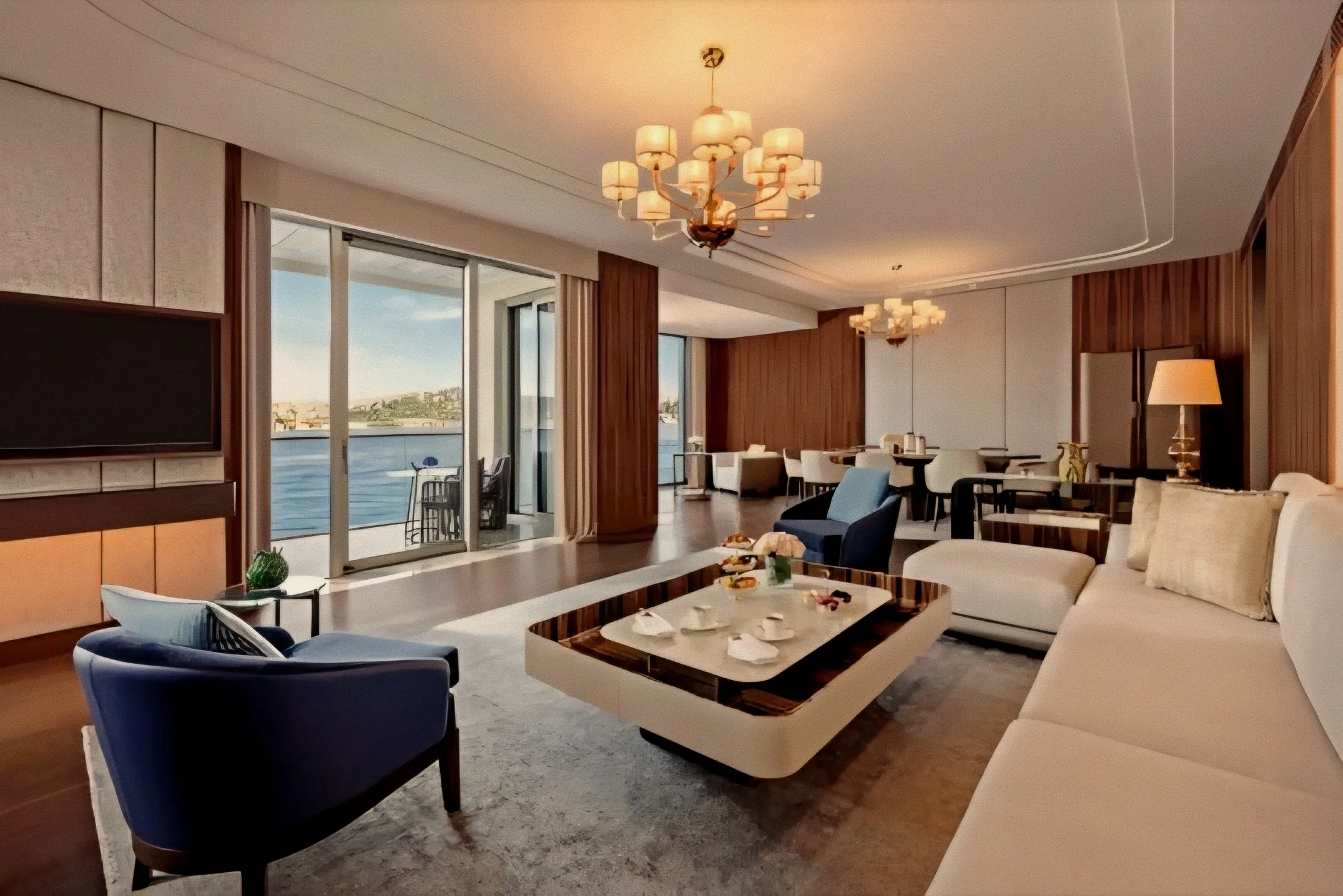 Low-profile lounge and marble coffee table with Bosphorus views at Mandarin Oriental Bosphorus, Istanbul.