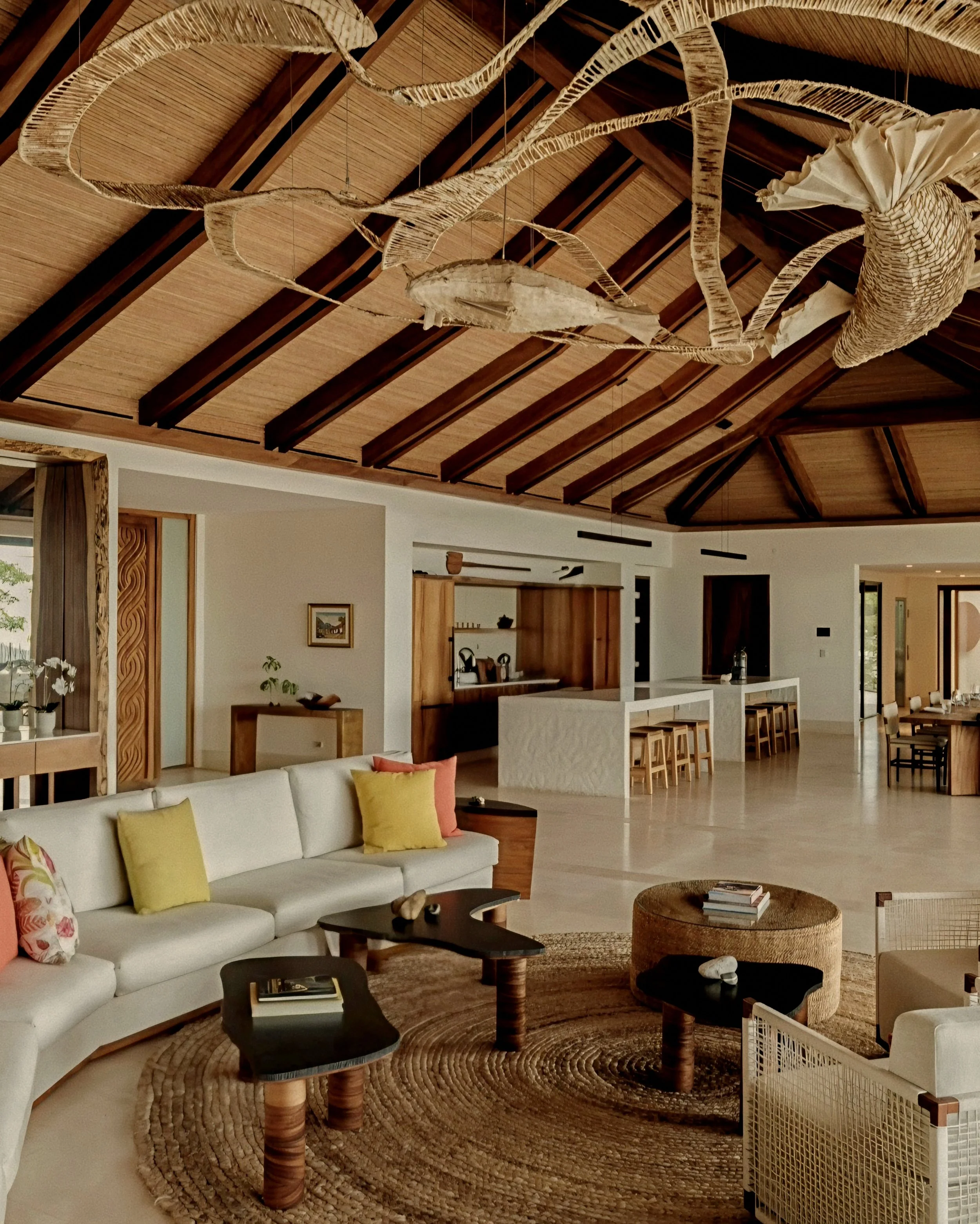 Biophilic villa living room with woven art at Nekajui, Peninsula Papagayo, a Ritz-Carlton Reserve Costa Rica