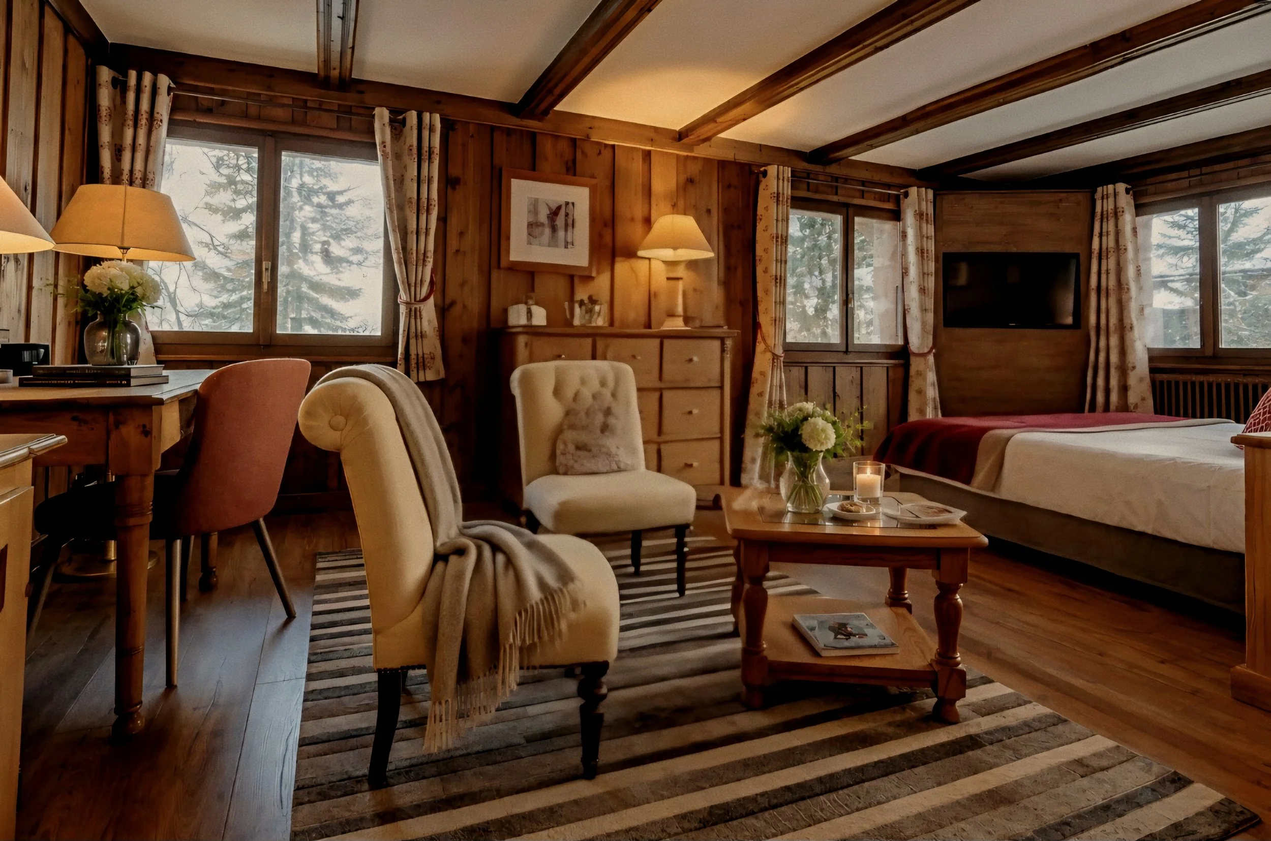 Timber bedroom suite and mountain views at Le Chalet d’Adrien Luxury Swiss Alps in Verbier, Valais, Switzerland.