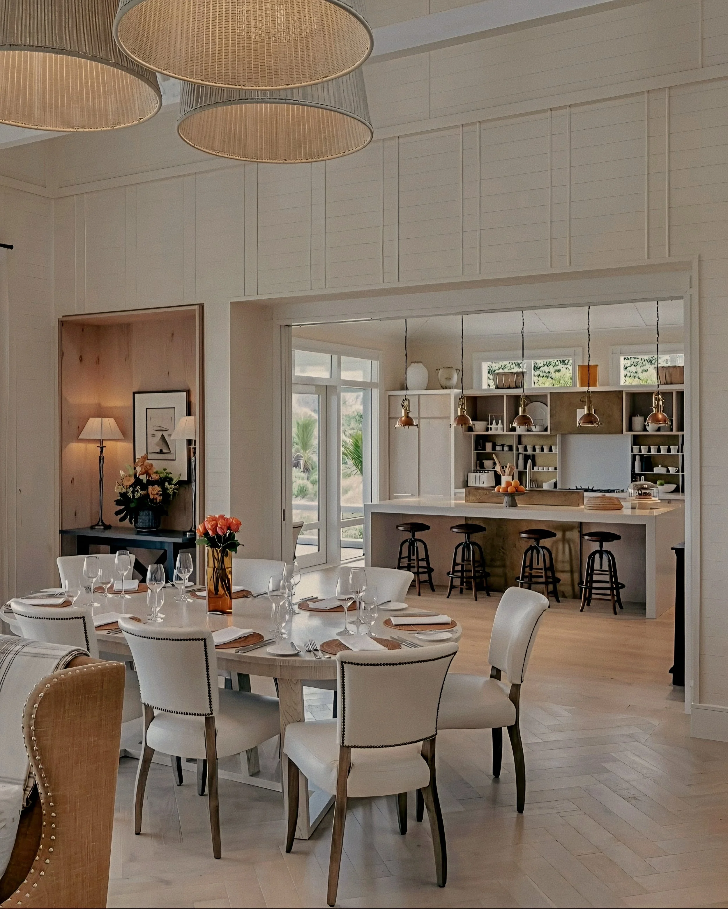 Open dining room and kitchen by Virginia Fisher at Rosewood Kauri Cliffs, Matauri Bay, New Zealand.