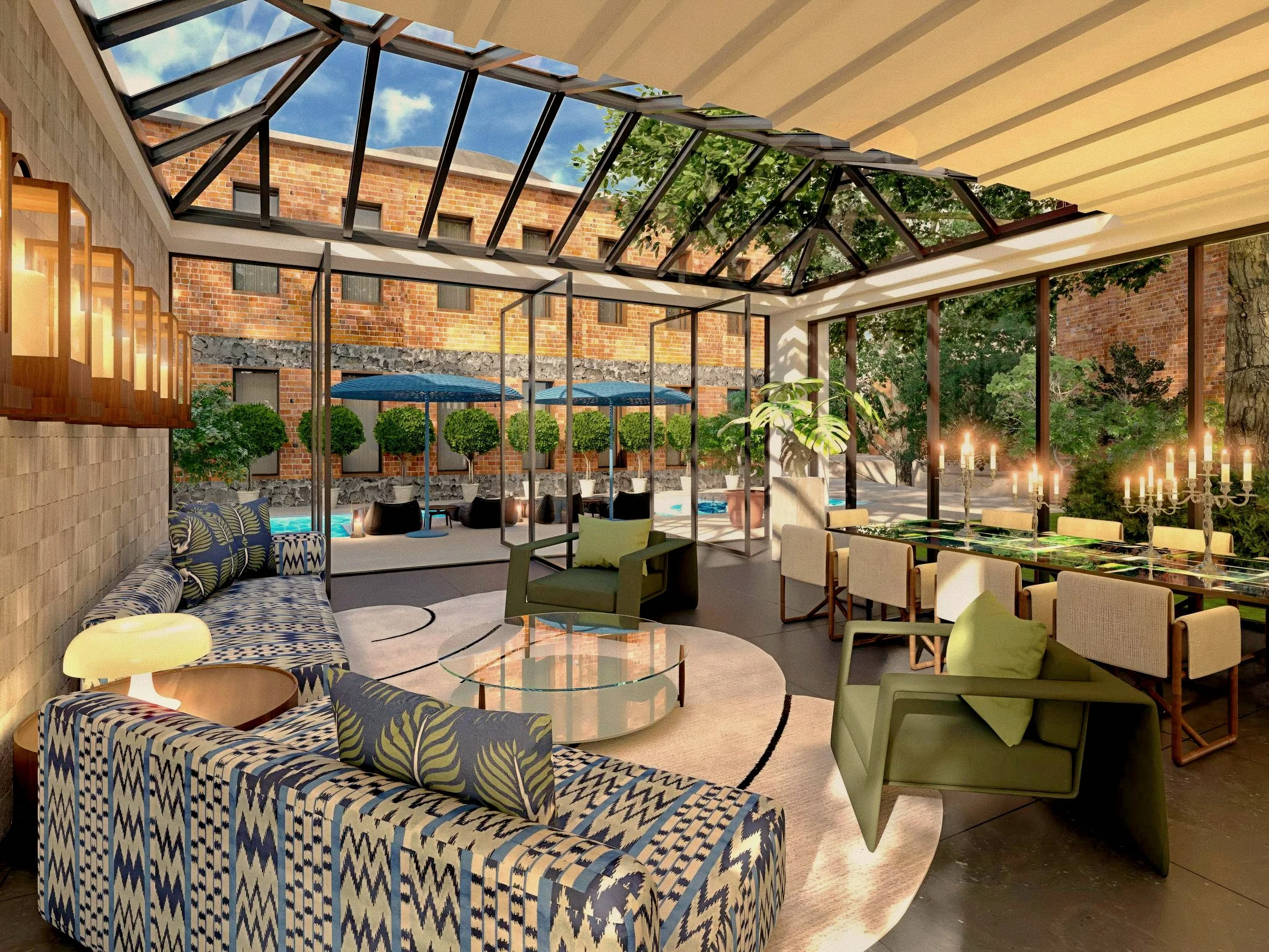 Sunlit glass-domed luxury atrium lounge framed by restored historic Ottoman masonry along the Bosphorus in Istanbul.
