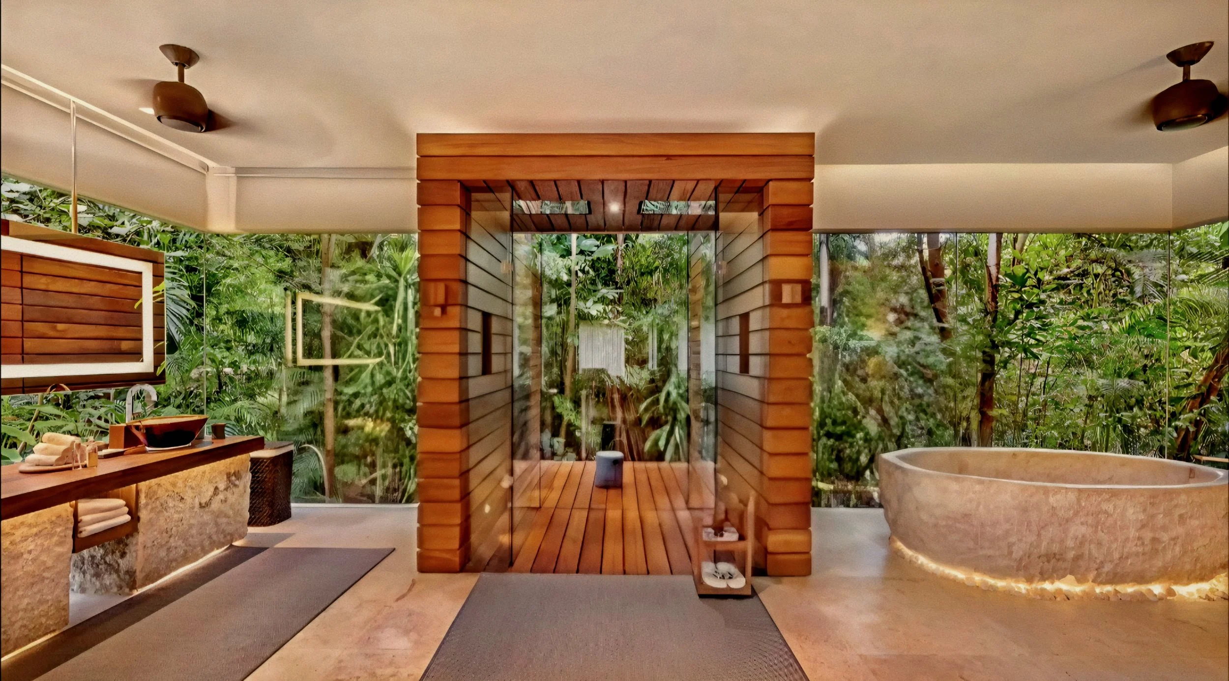 Carved stone soaking tub surrounded by jungle greenery at Hacienda Chablé Yucatán, Chocholá, Mexico.