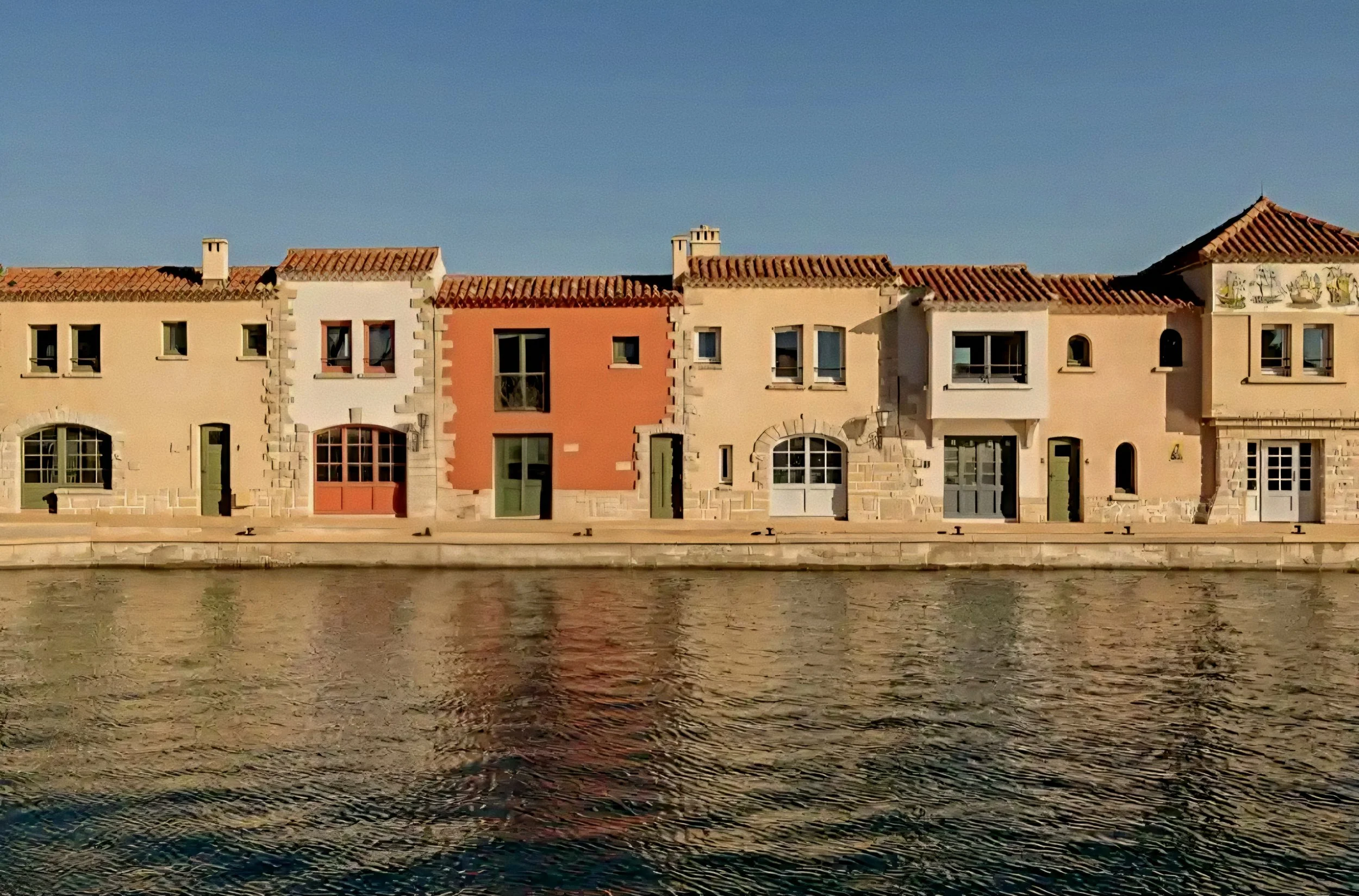 Restored coastal village facades along the waterfront harbor at Zannier Île de Bendor, France.