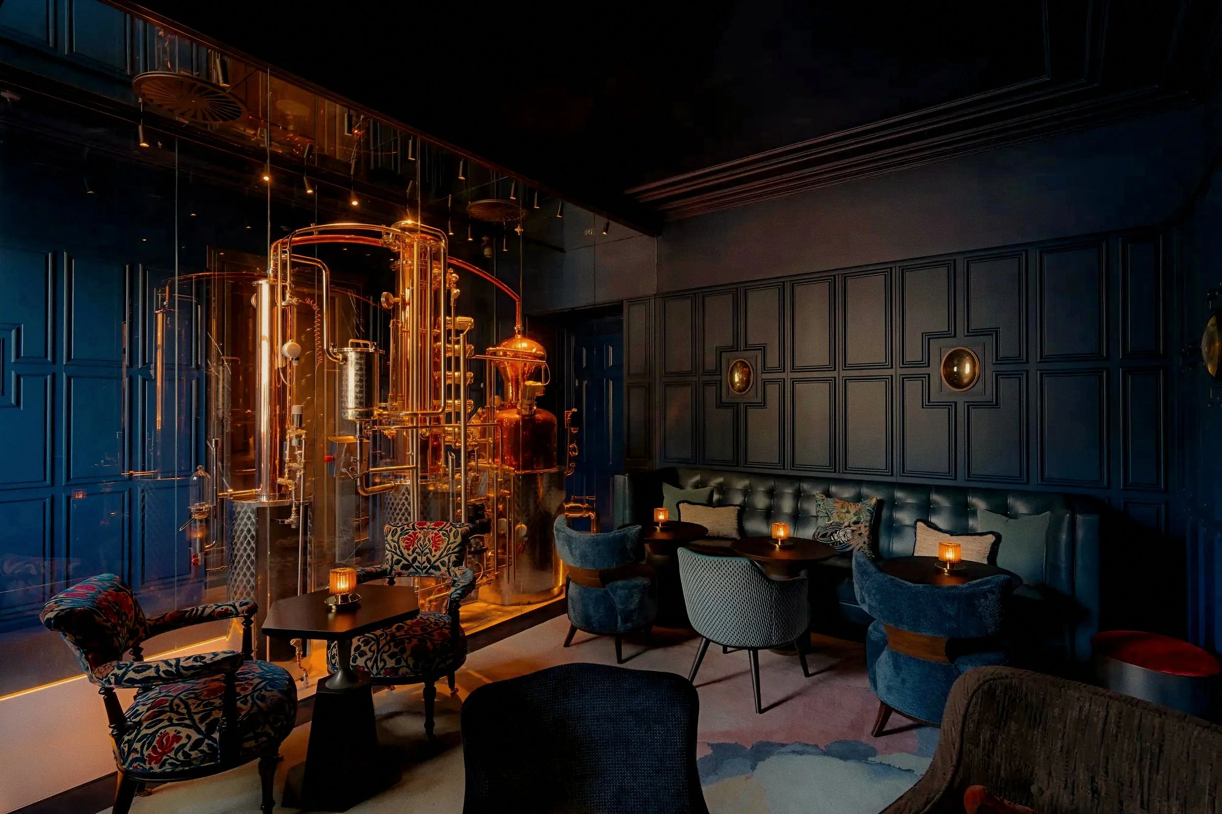 Advocatuur bar with copper distillery apparatus at Rosewood Amsterdam a luxury hotel in Netherlands.