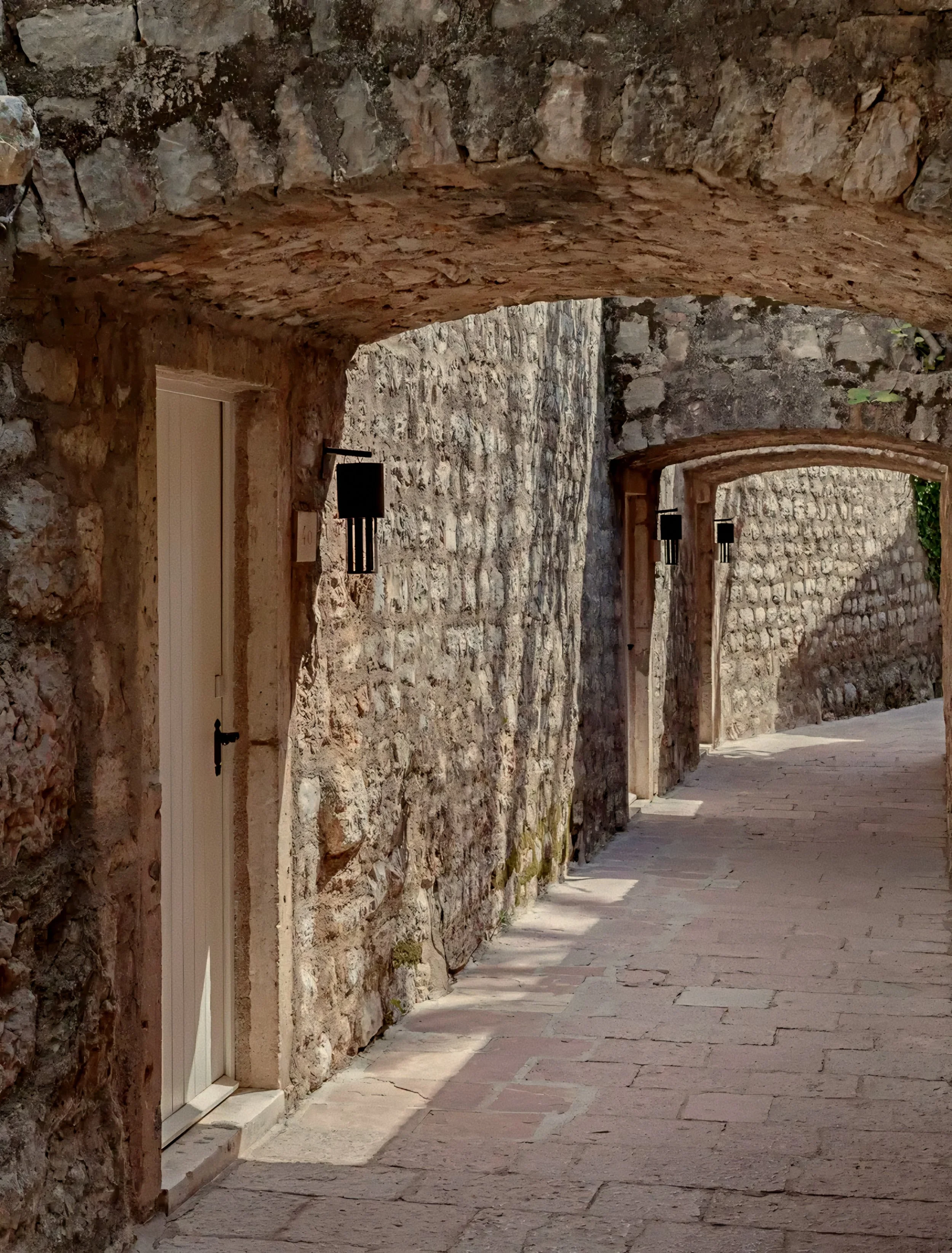 Historic stone archways and heritage stone walls Aman Sveti Stefan Luxury Resort in Montenegro.