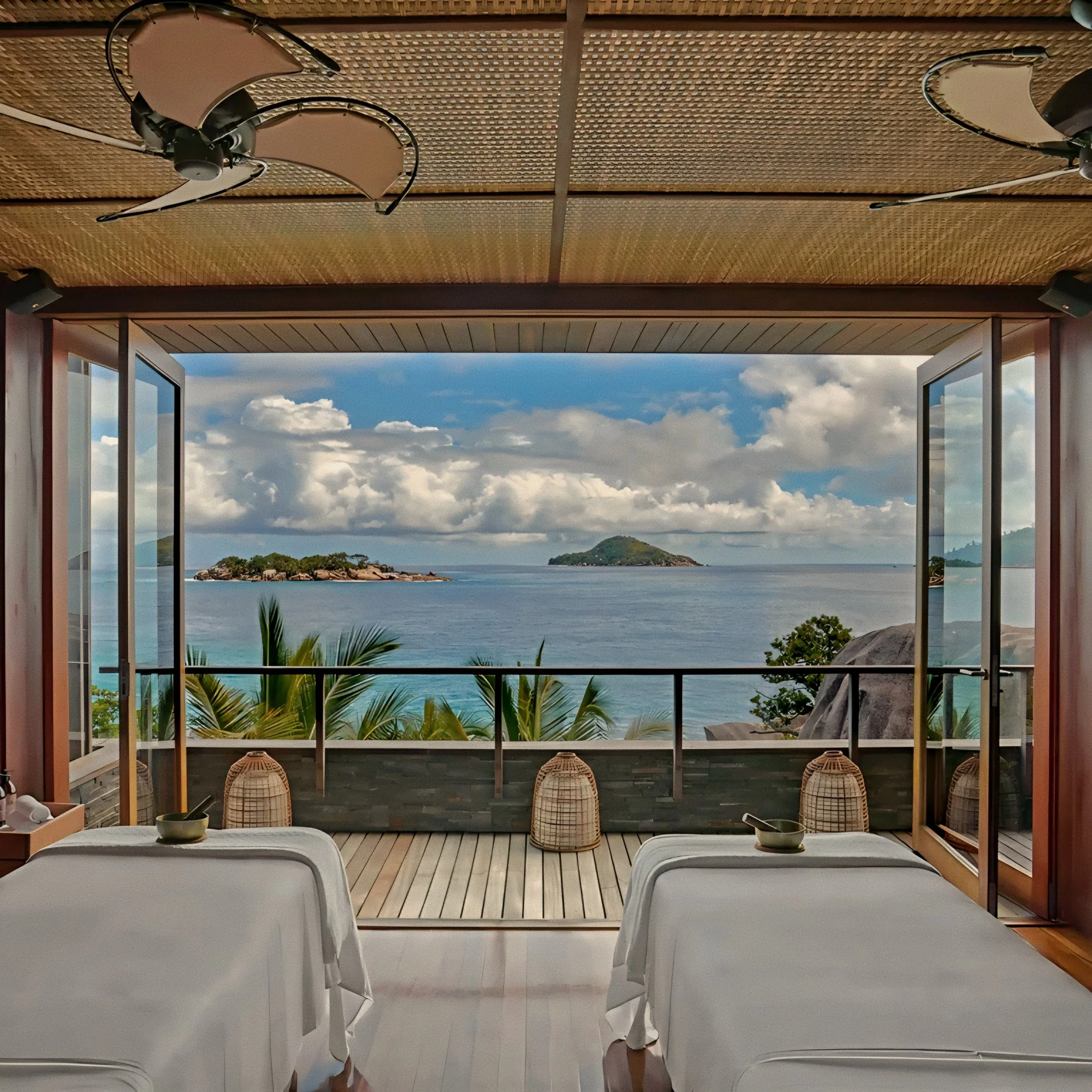 Open-air wellness spa pavilion at Six Senses Zil Pasyon, Felicite Island luxury hotel in Seychelles.