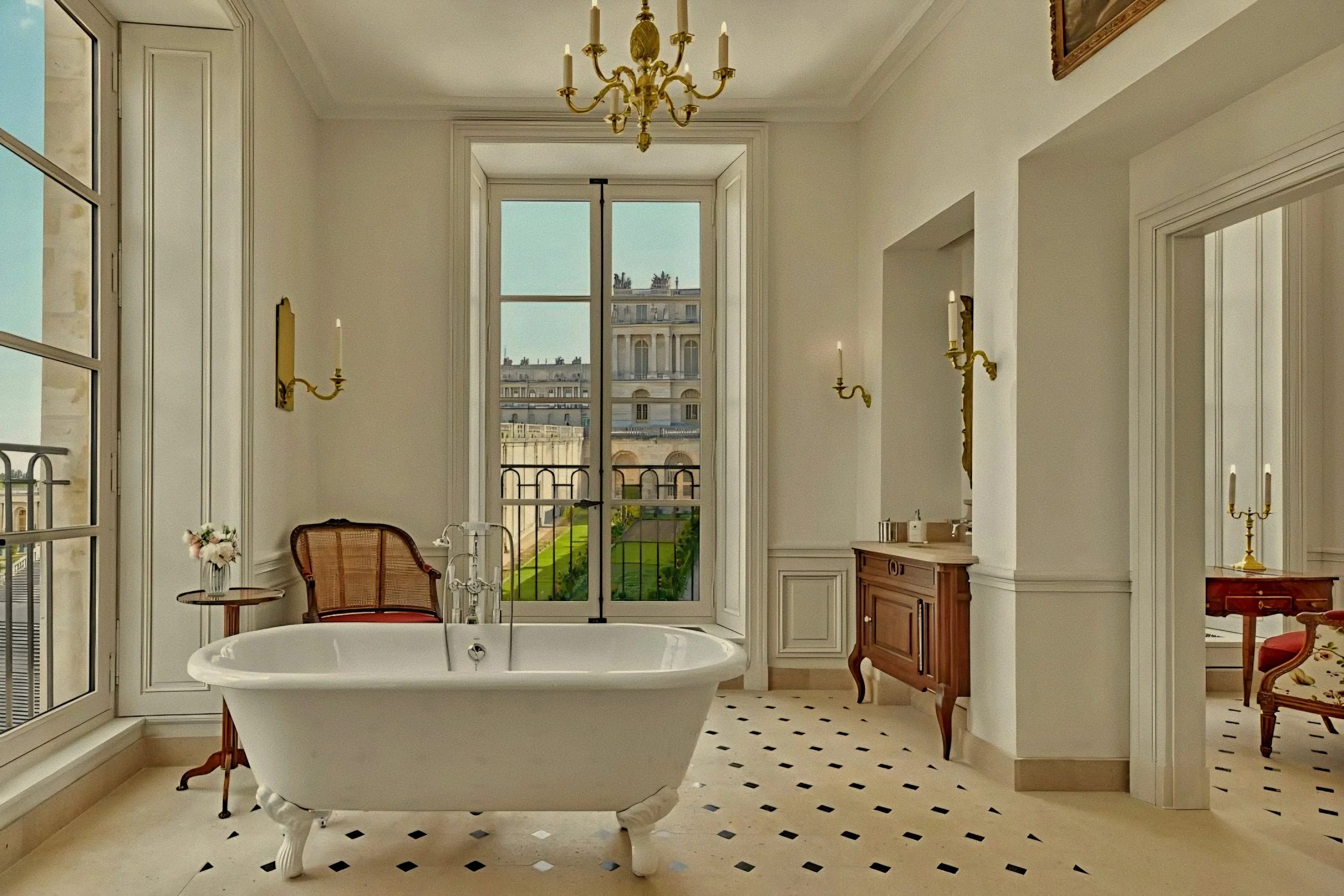 Clawfoot bathtub on cabochon limestone floor Airelles Château de Versailles, Le Grand Contrôle, France.