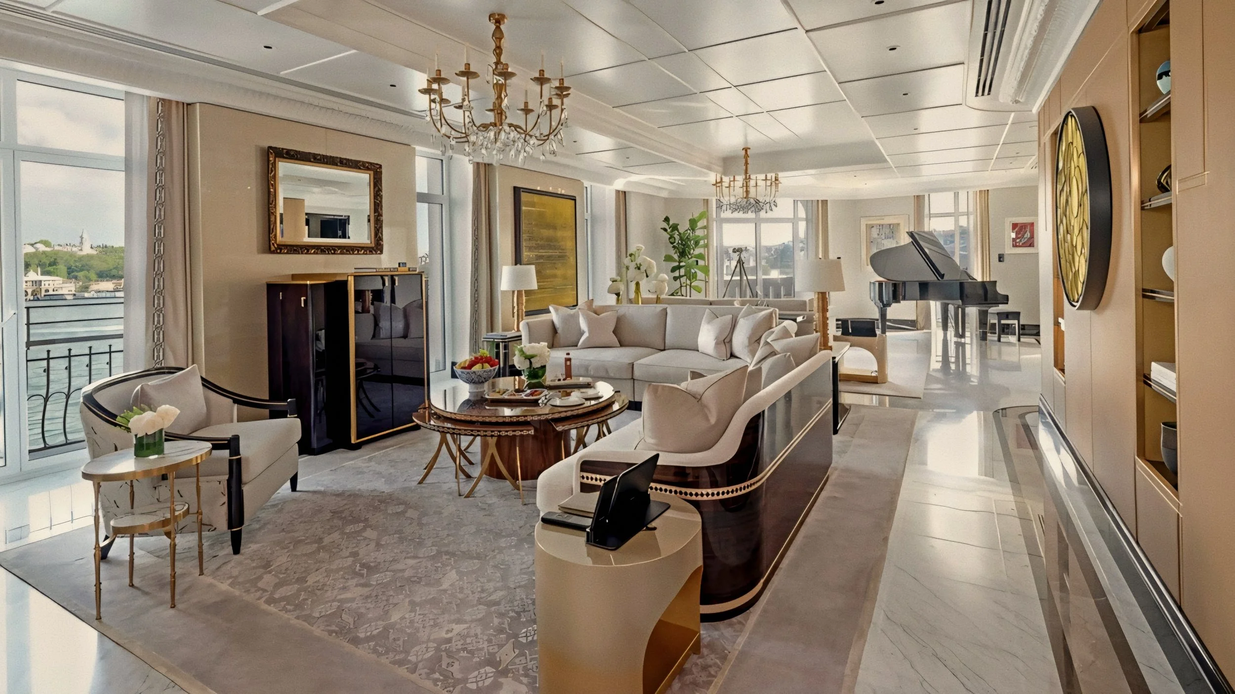 Grand luxury suite living room at The Peninsula Istanbul in Karaköy at Galataport over the Bosphorus.