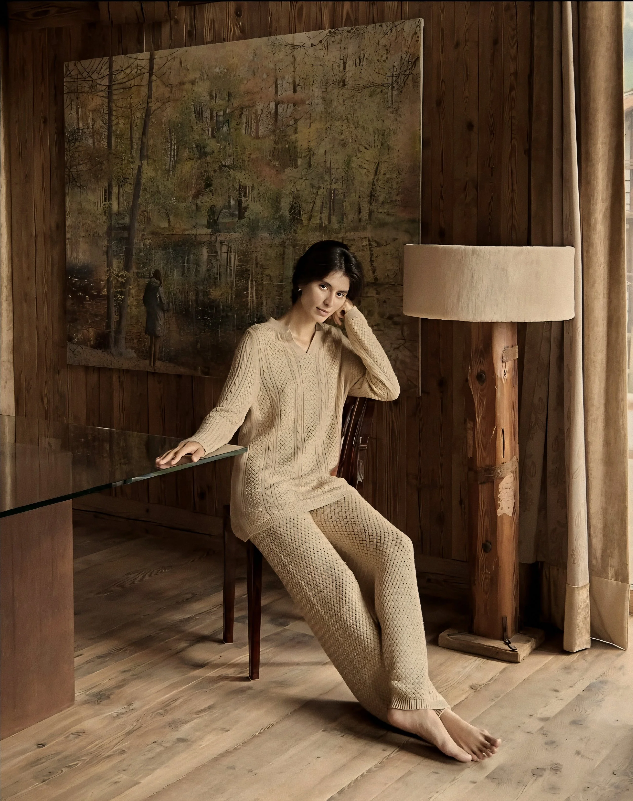 Lanificio Colombo ribbed cashmere lounge set in a warm timber salon in Borgosesia, Piedmont, Italy.