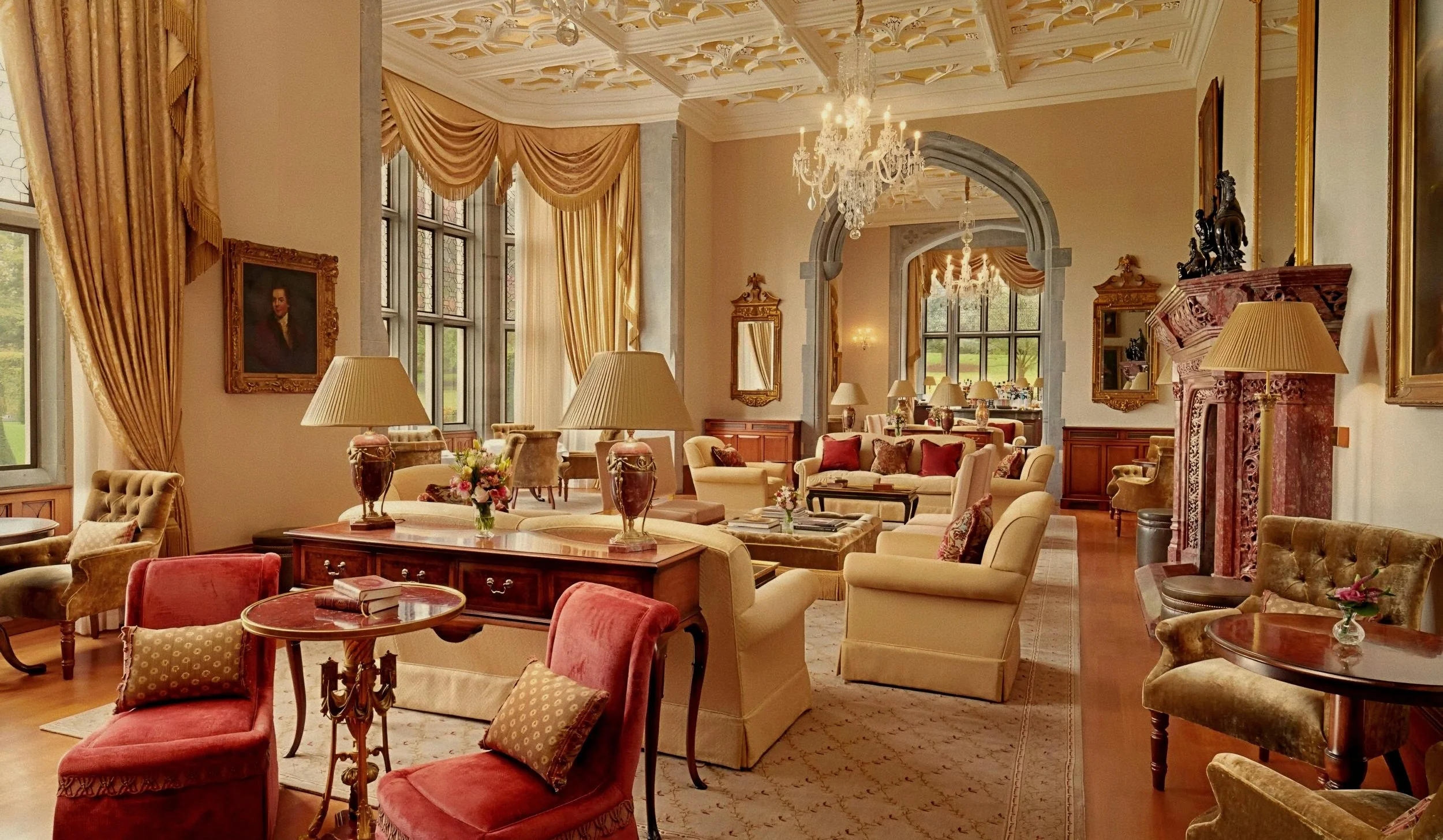 Gilded coffered ceiling and rose marble hearth in drawing room at Adare Manor luxury hotel in Ireland.