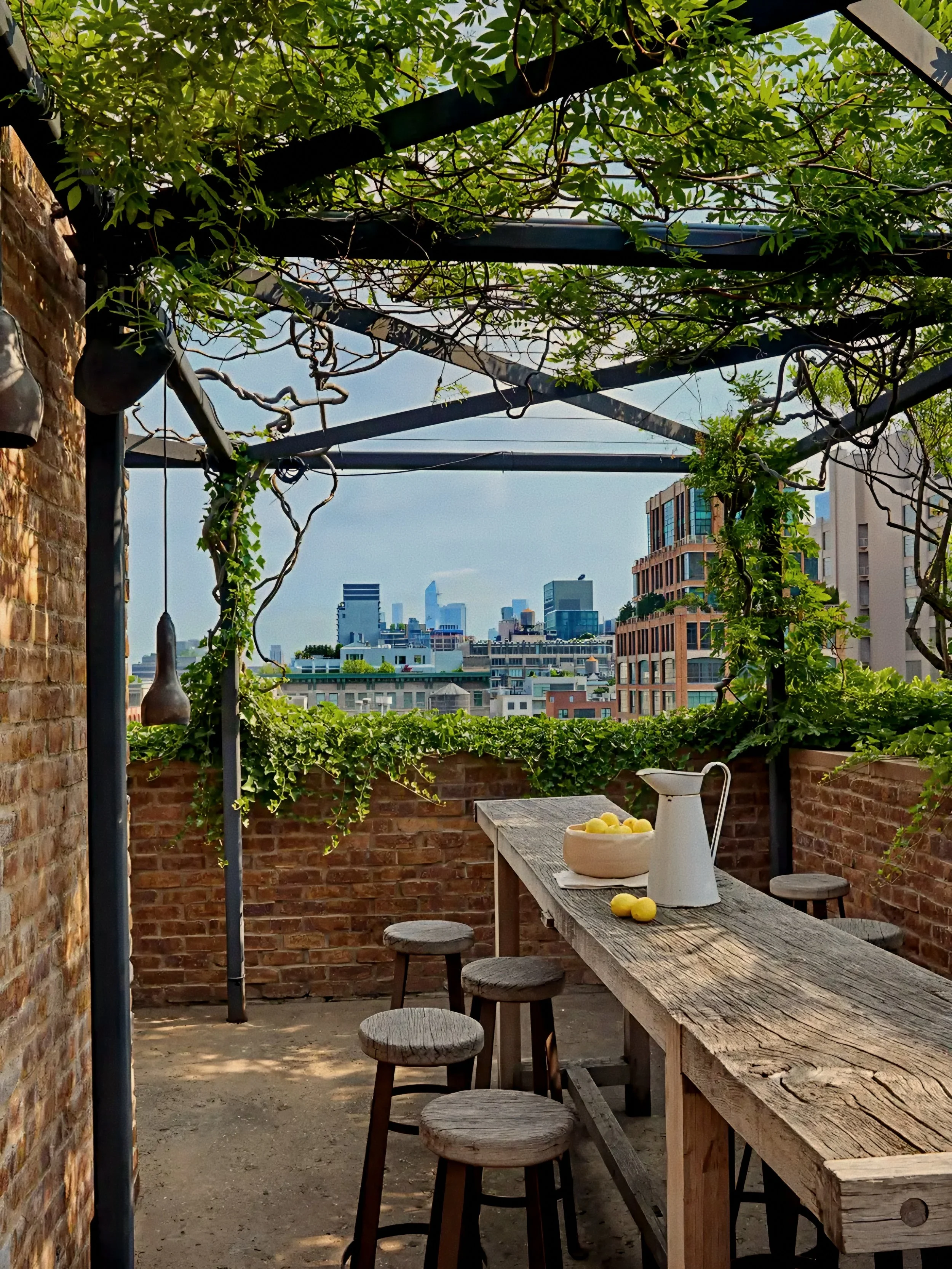 Vine-draped terrace pergola framing the Manhattan skyline at The Greenwich Hotel penthouse, New York.